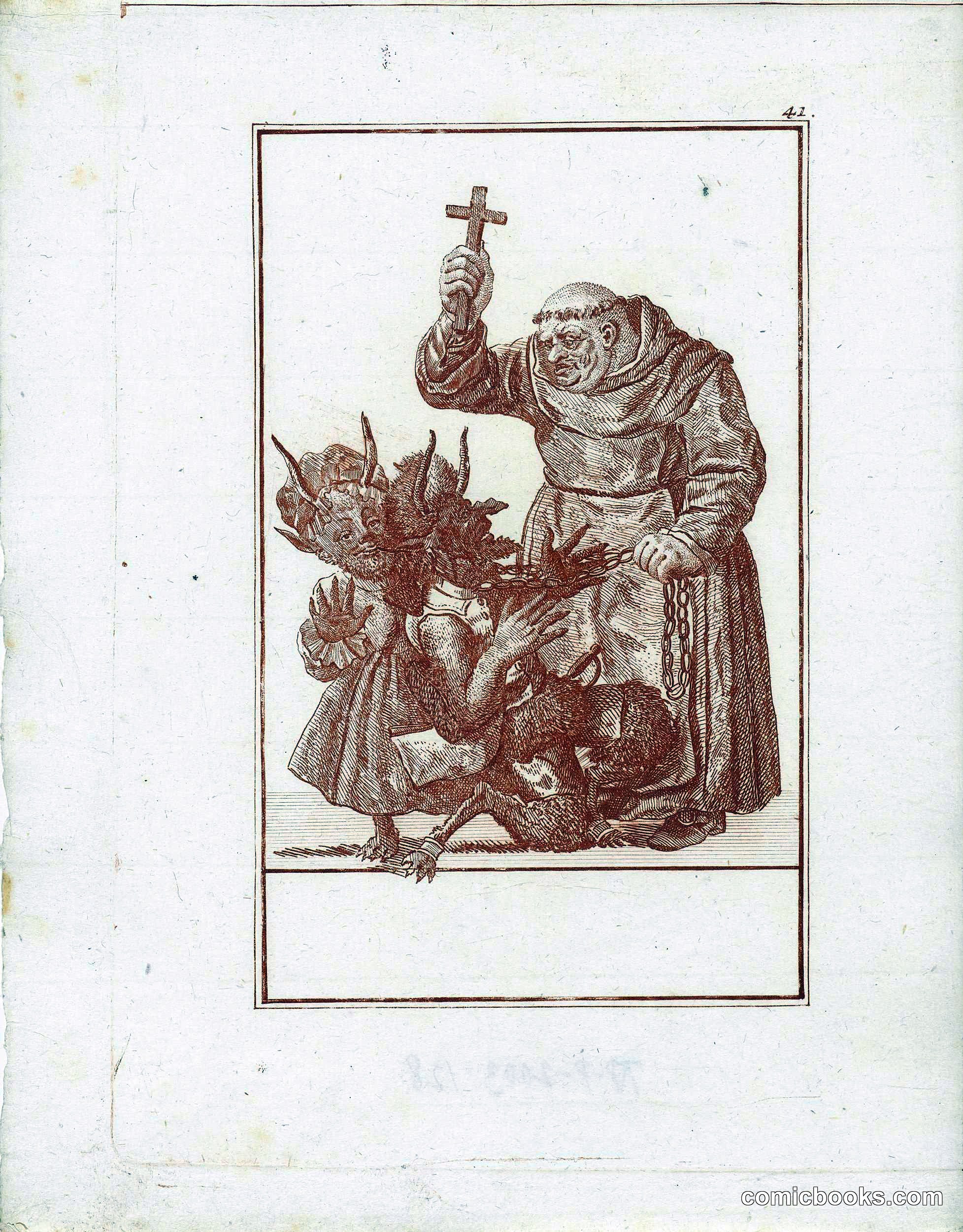 Monk Threatening Two Devils