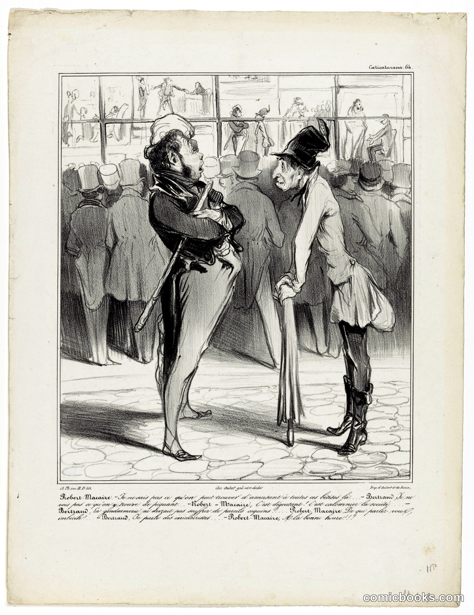 Robert-Macaire in conversation with Bertrand before a print shop window