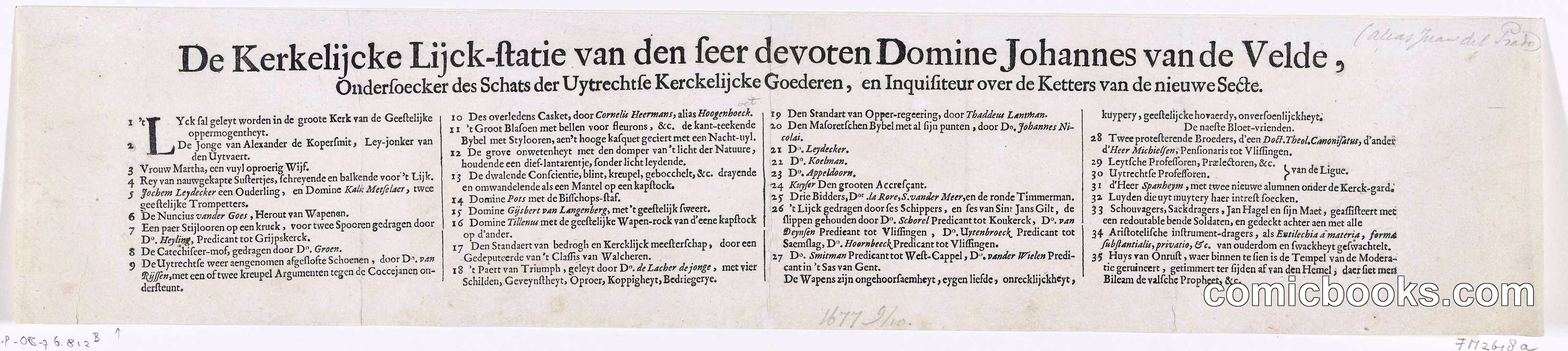 Broadsheet on the Funeral of Dominie Johannes van de Velde