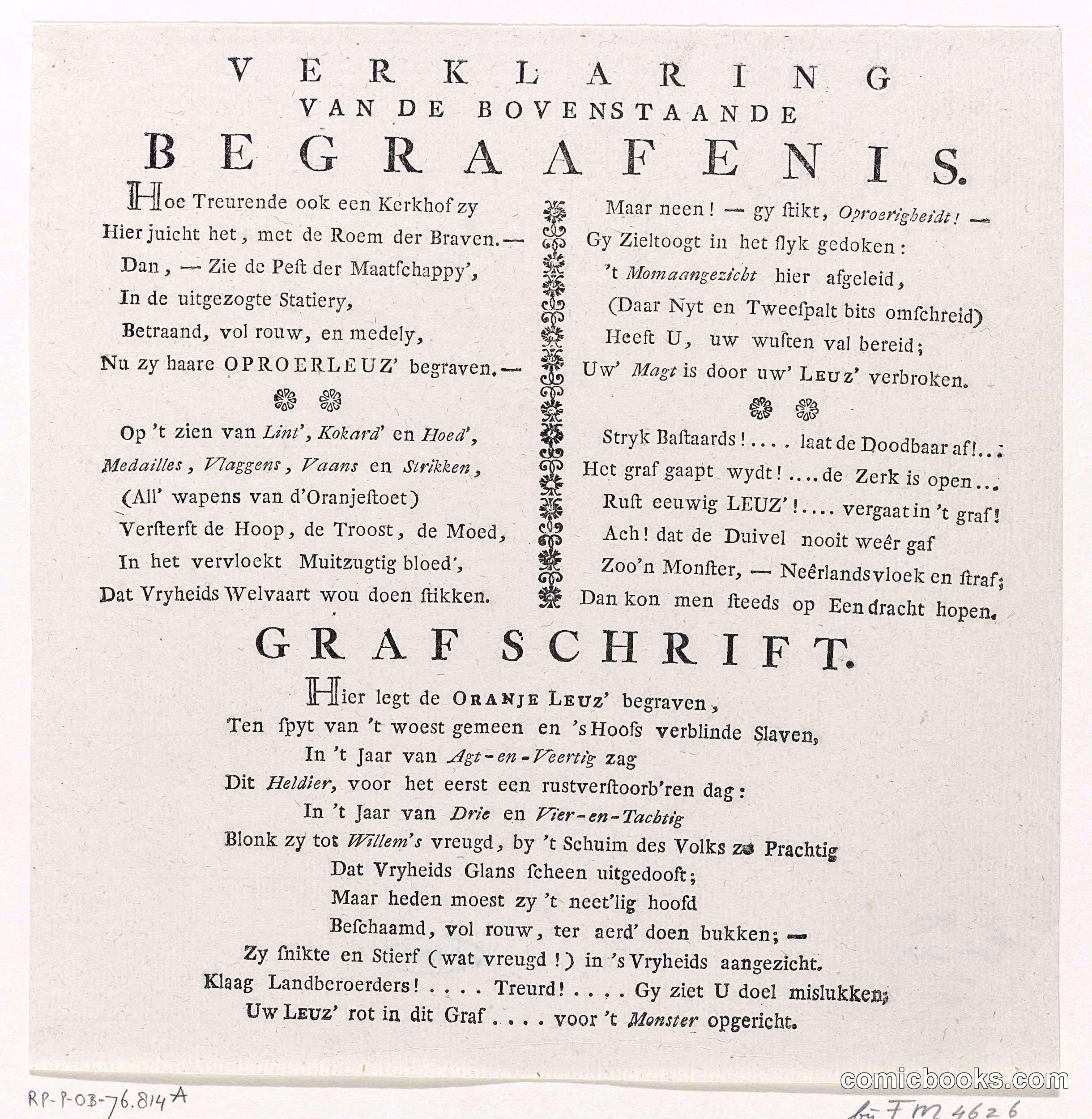 Verklaring van de prent: Begraafenis van de Oranje Leuz [Explanation of the Print: Funeral of the Orange Leuz]