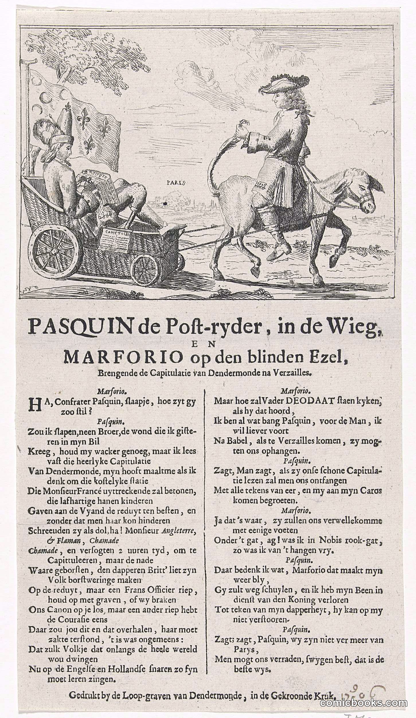 Pasquin de Post-Ryder, in de Wieg en Marforio op den blinden Ezel