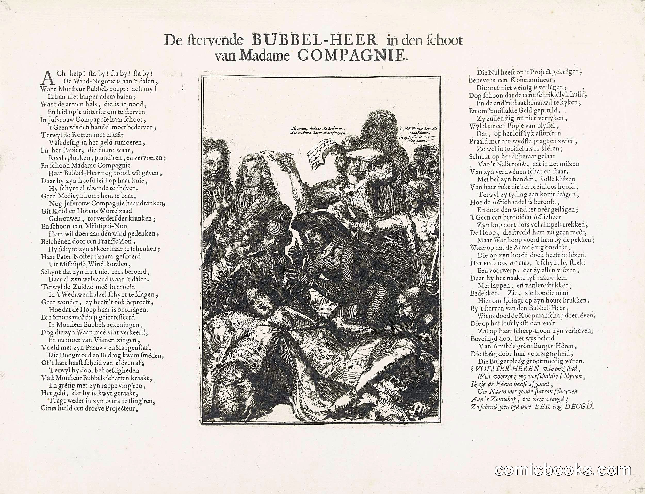 De stervende BUBBEL-HEER in den schoot van Madame COMPAGNIE