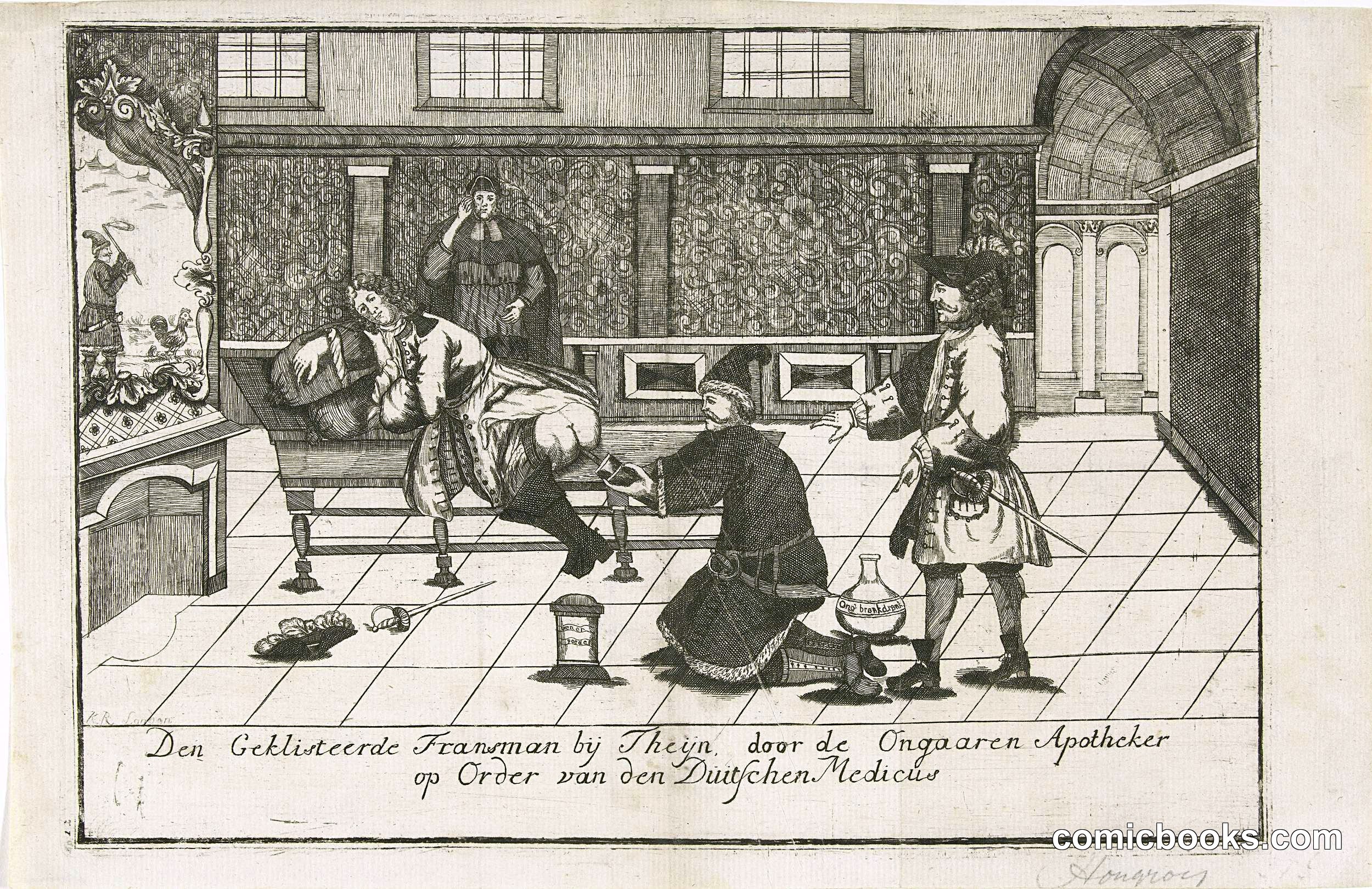 Den Geklisteerde Fransman bij Thejn, door de Ongeaeren Apothecker op Order van den Duitschen Medicus (The Plastered Frenchman at the Barber-Surgeon, by Order of the German Physician)
