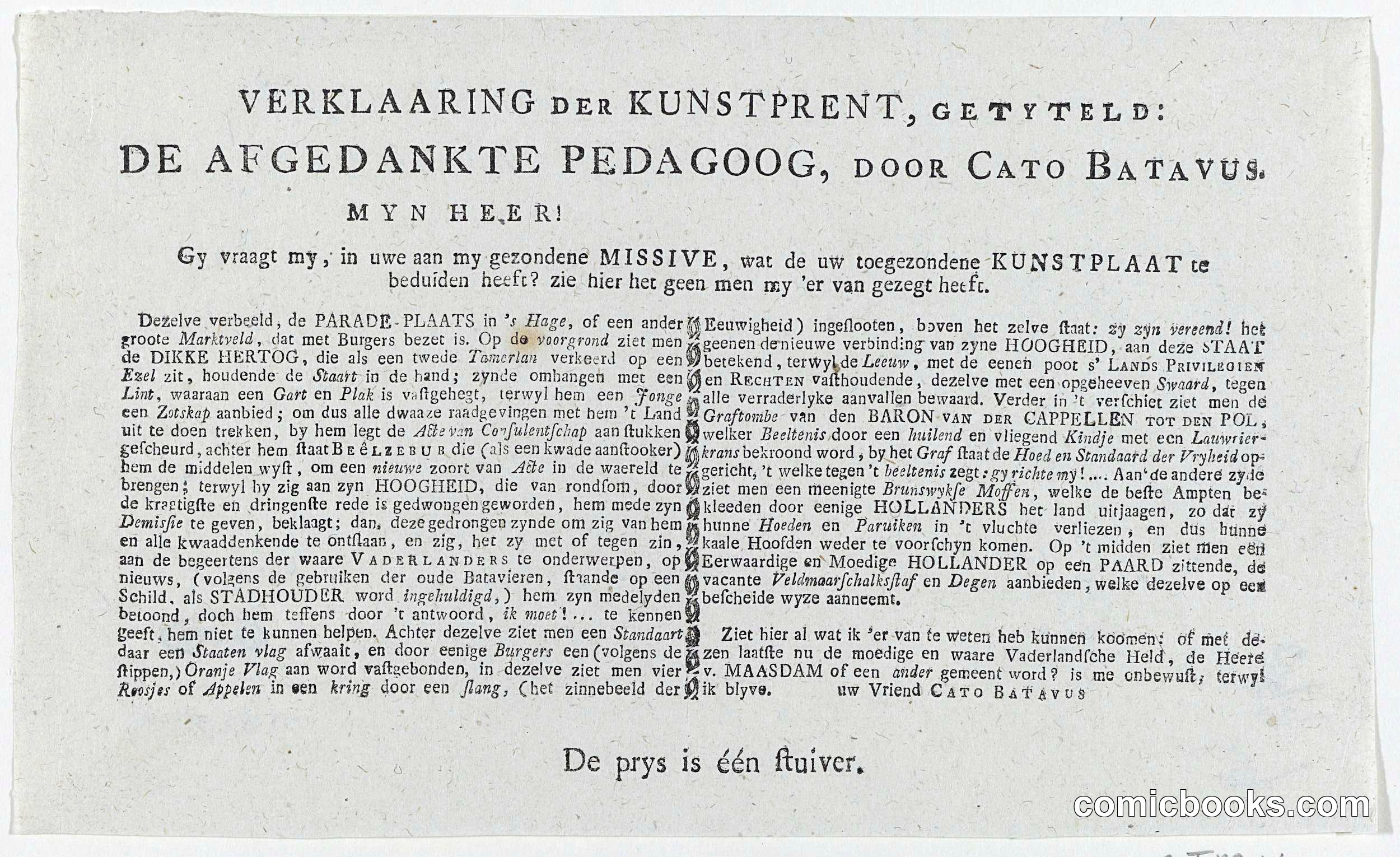Verklaring der Kunstprent, getyteld: De Afgedankte Pedagoog, door Cato Batavus