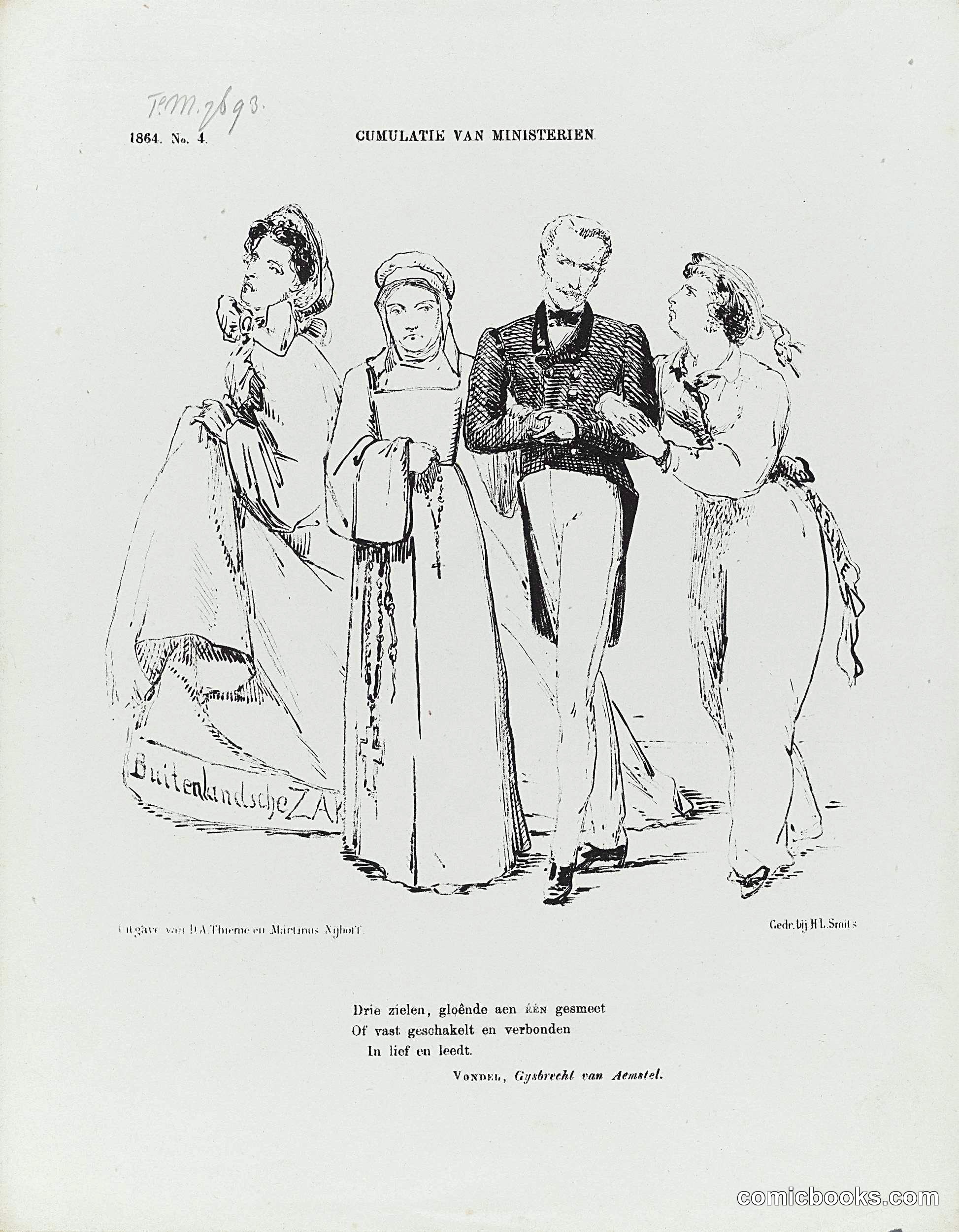 Dutch Political Satire: Three Women and a Minister, 1864
