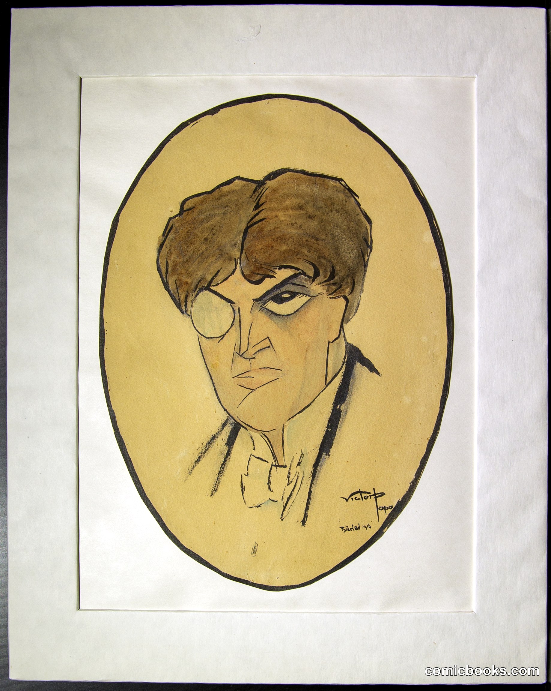Portrait Caricature of Nicolae Leonard in Formal Dress with Monocle