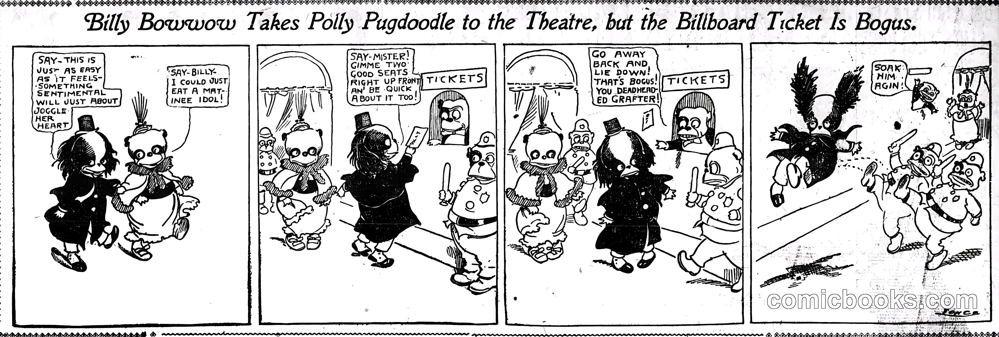 Billy Bowwow Takes Polly Pugdoodle to the Theatre, but the Billboard Ticket Is Bogus