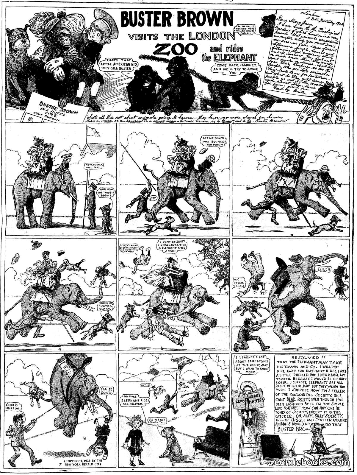 Buster Brown Visits the London Zoo and Rides the Elephant