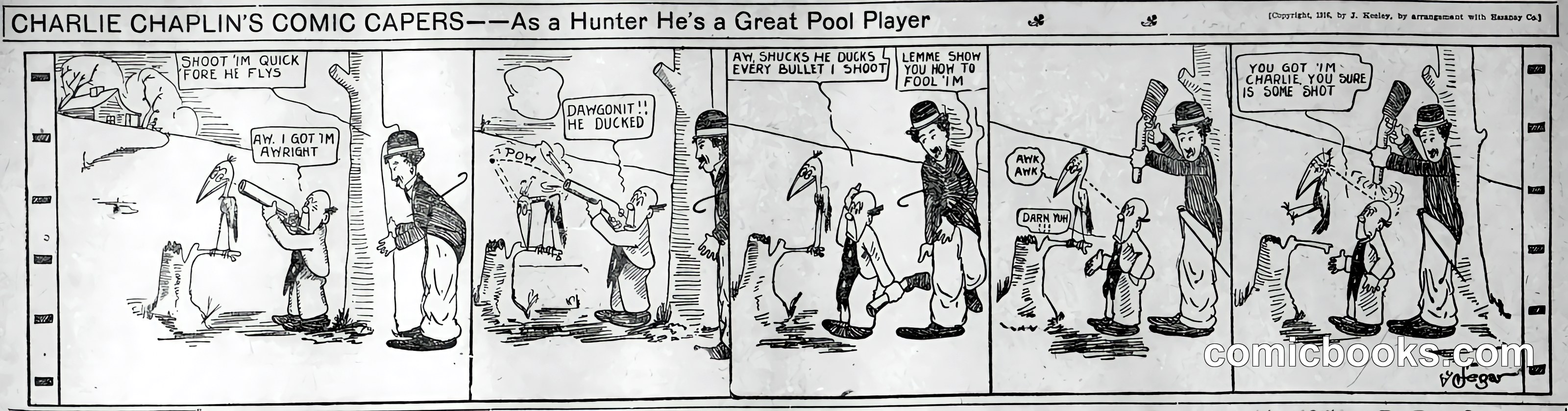 Charlie Chaplin's Comic Capers—As a Hunter He's a Great Pool Player