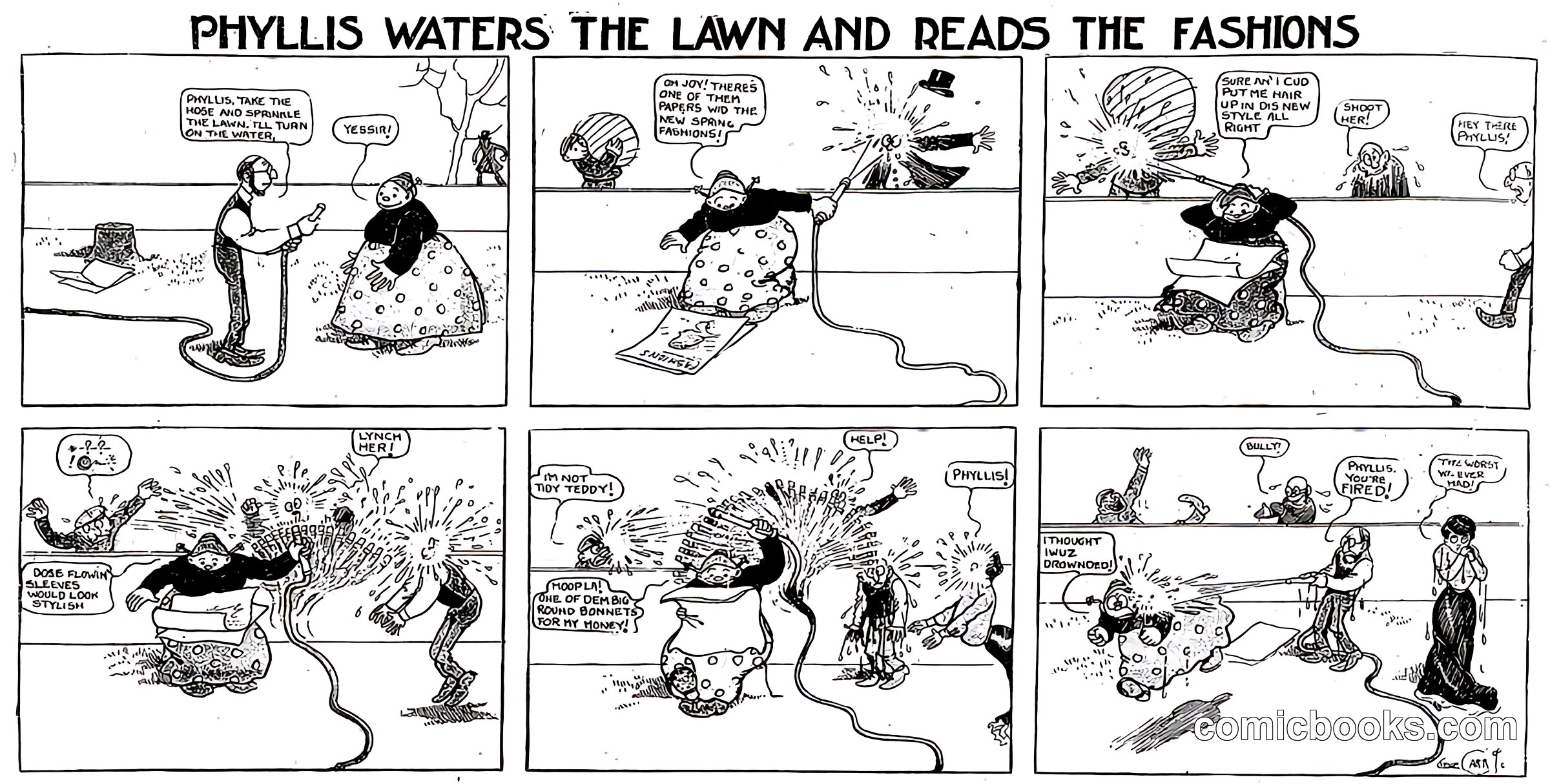 Phyllis Waters the Lawn and Reads the Fashions