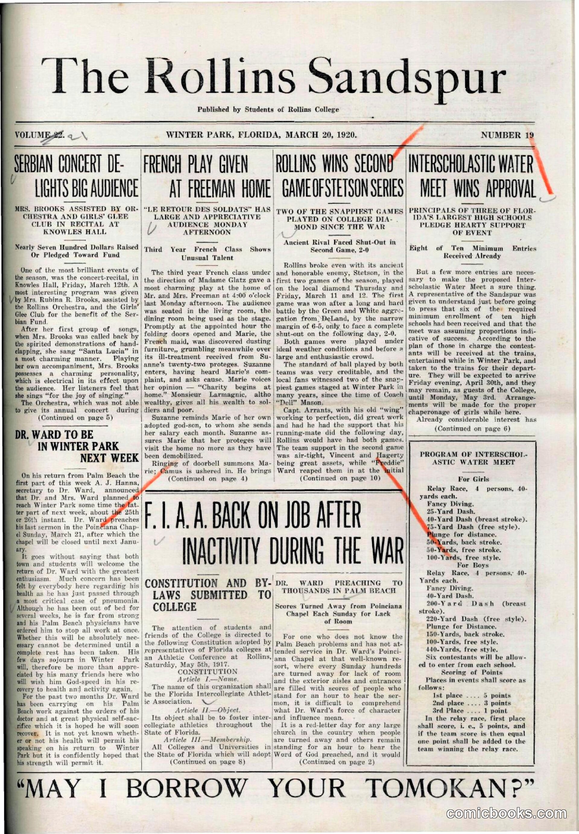 The Rollins Sandspur, March 20, 1920