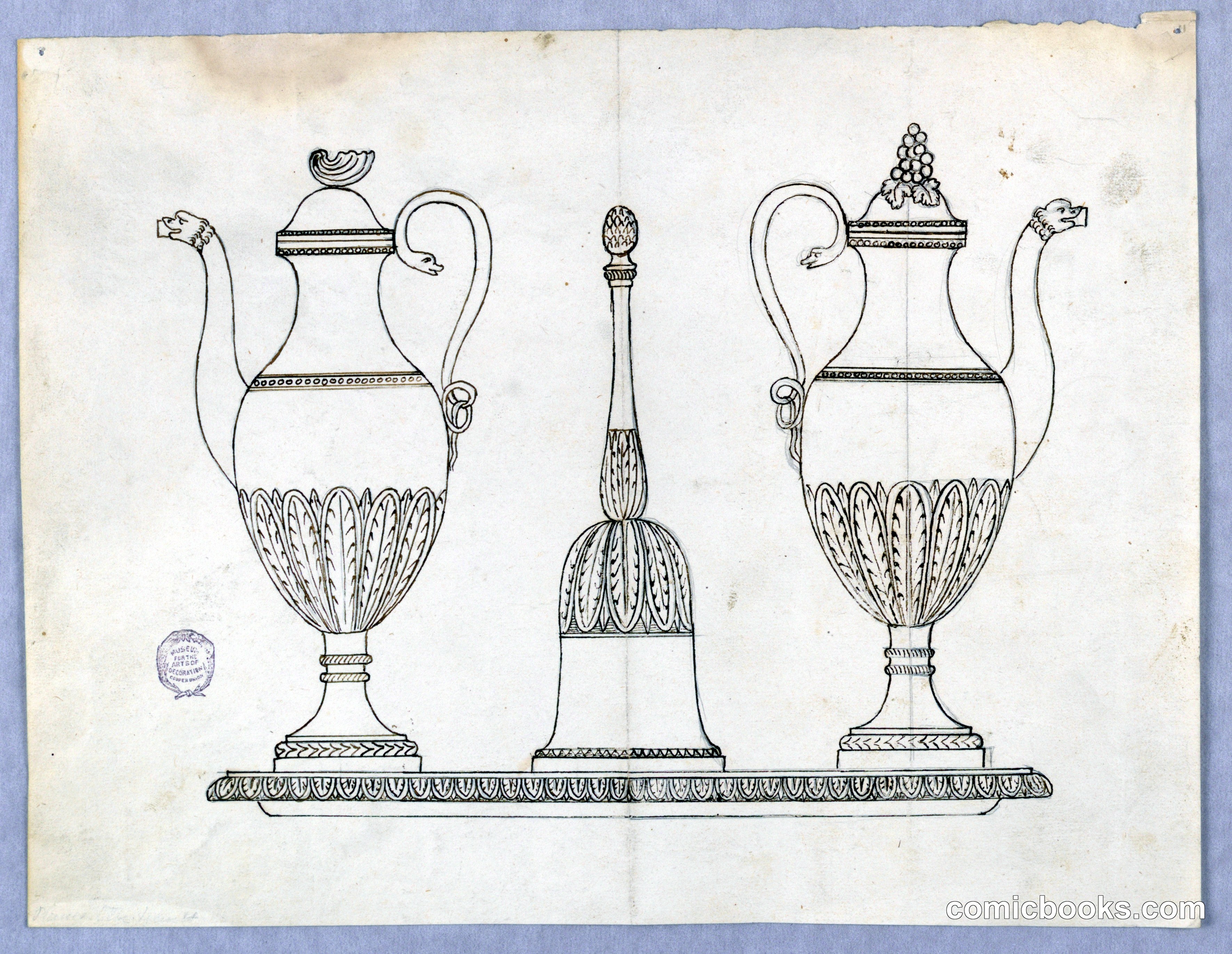 Elevation of a Tray with Two Tankards and a Hand Bell