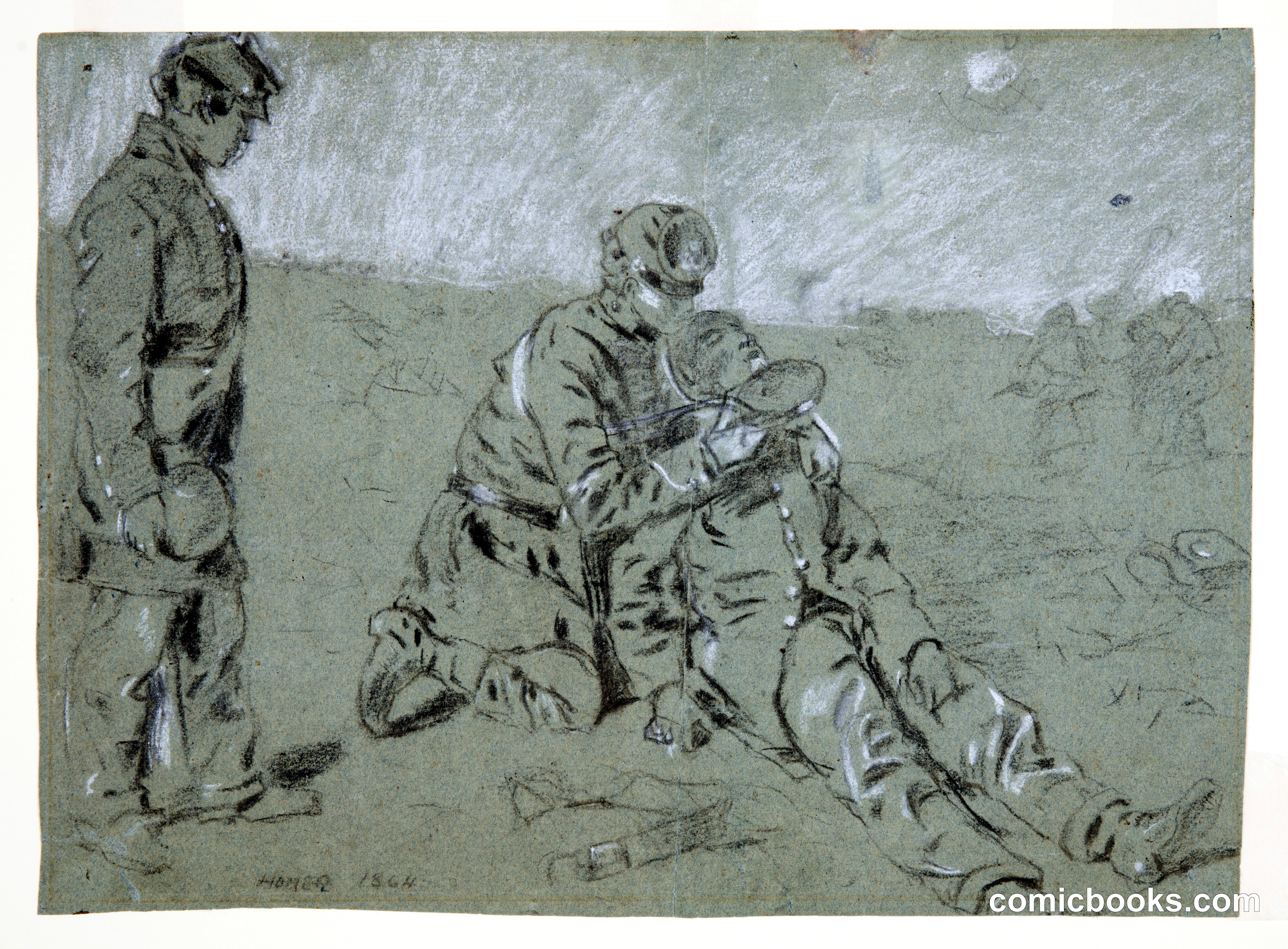Soldier Giving Water to a Wounded Companion