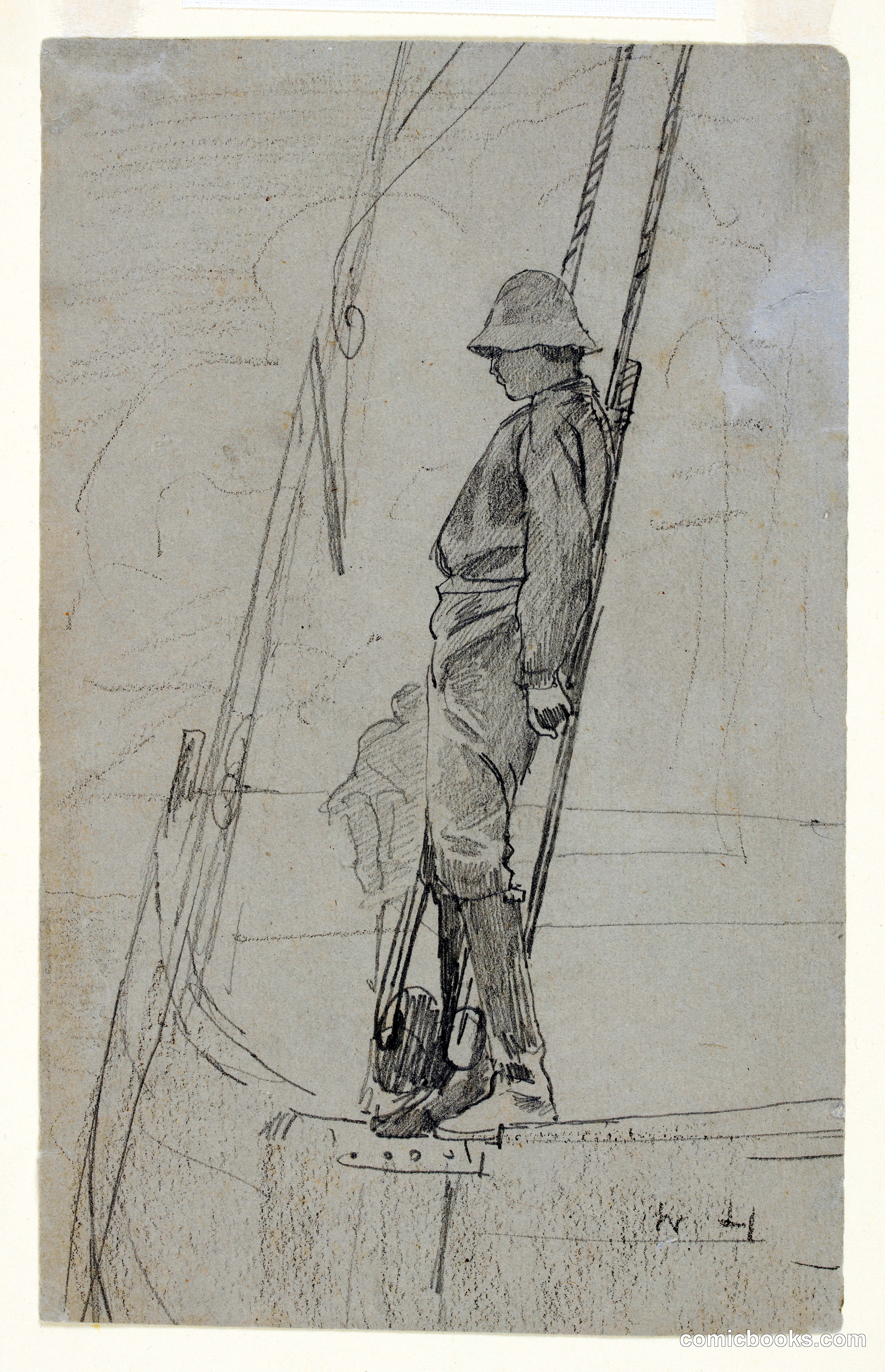 Young Man Leaning Against Sailboat Rigging