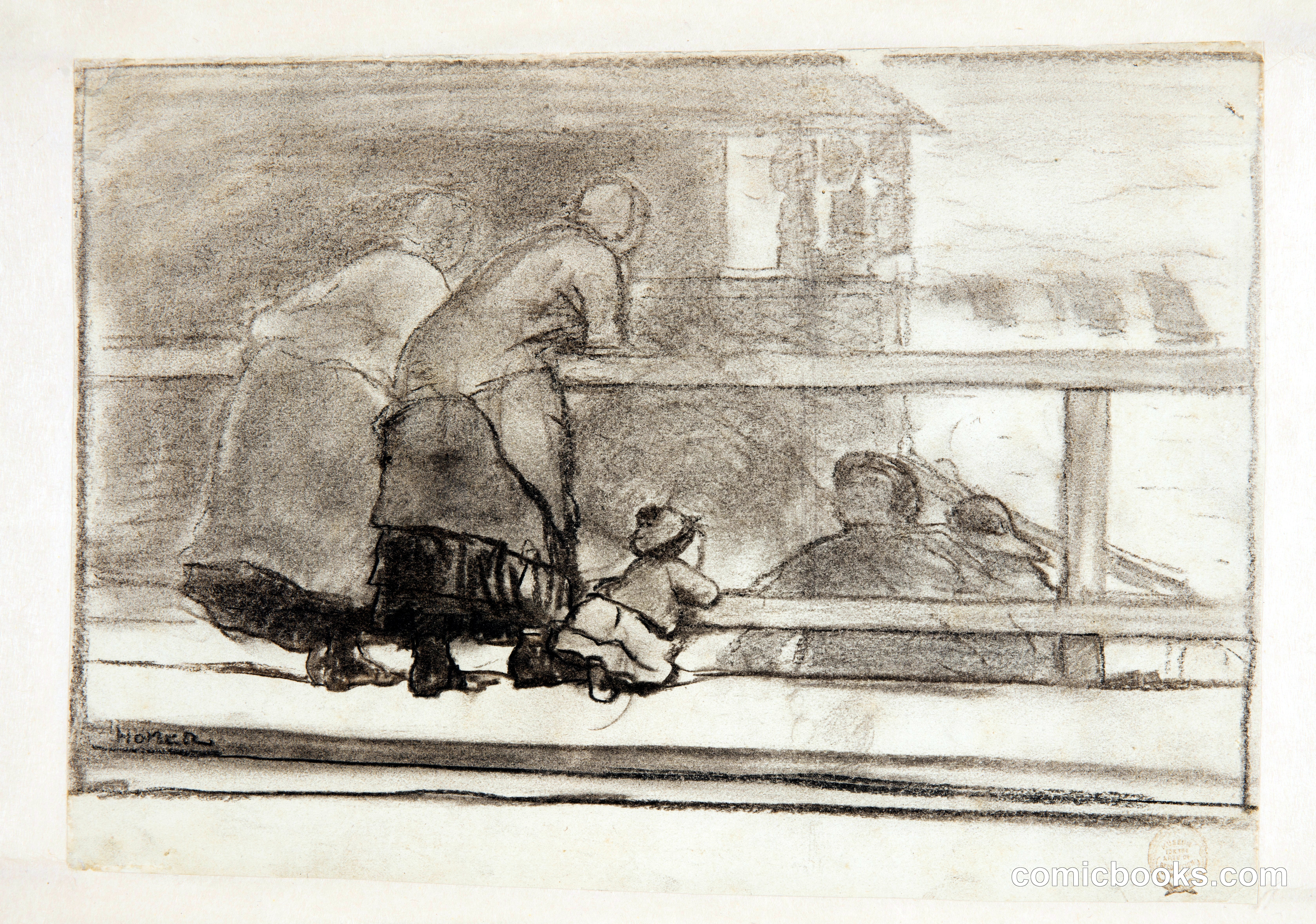 Two Women and a Child at a Rail, Overlooking Beach at Tynemouth