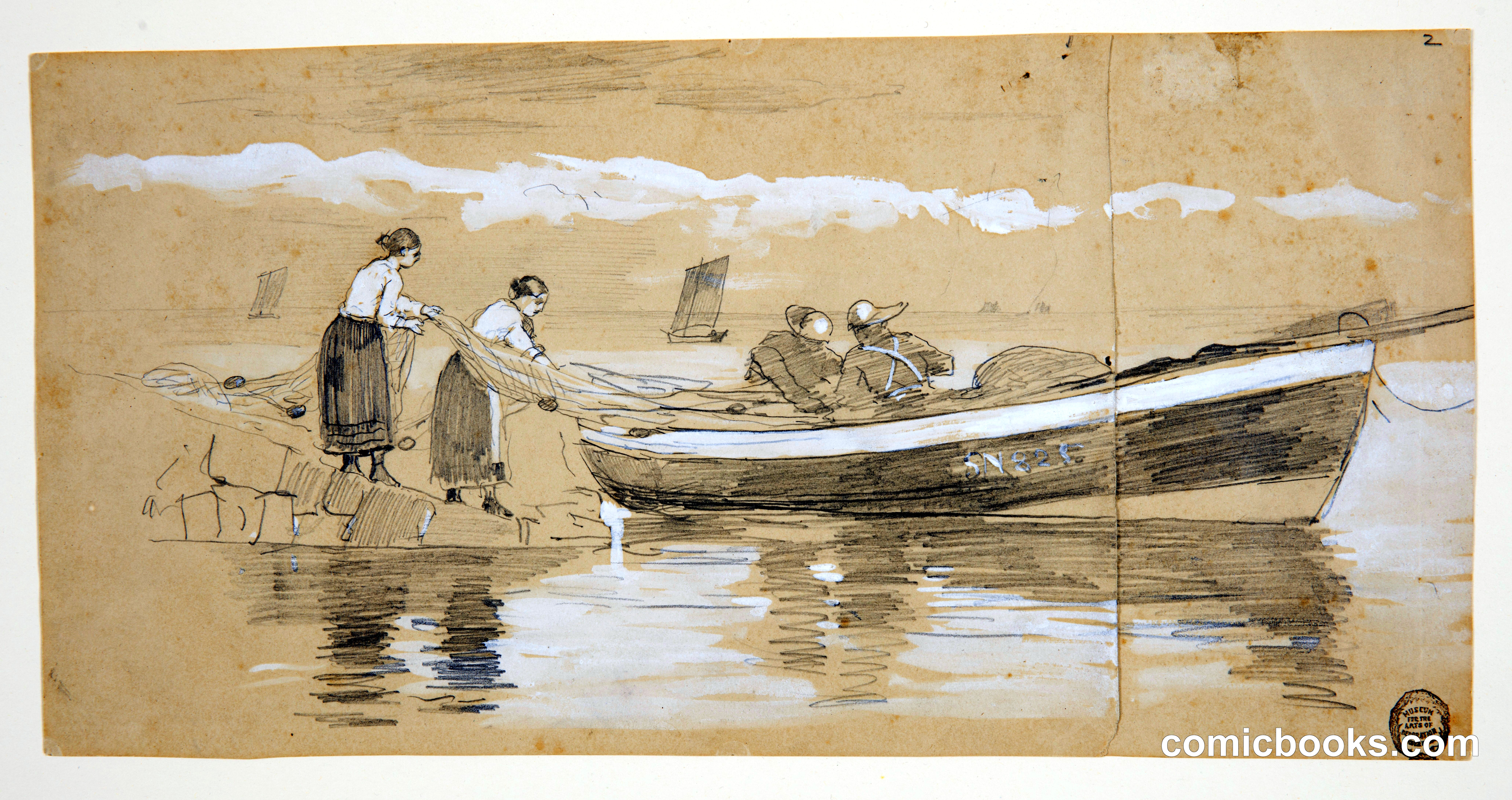 Fisherman and Women Stowing Nets in a Beached Dory, Cullercoats, England