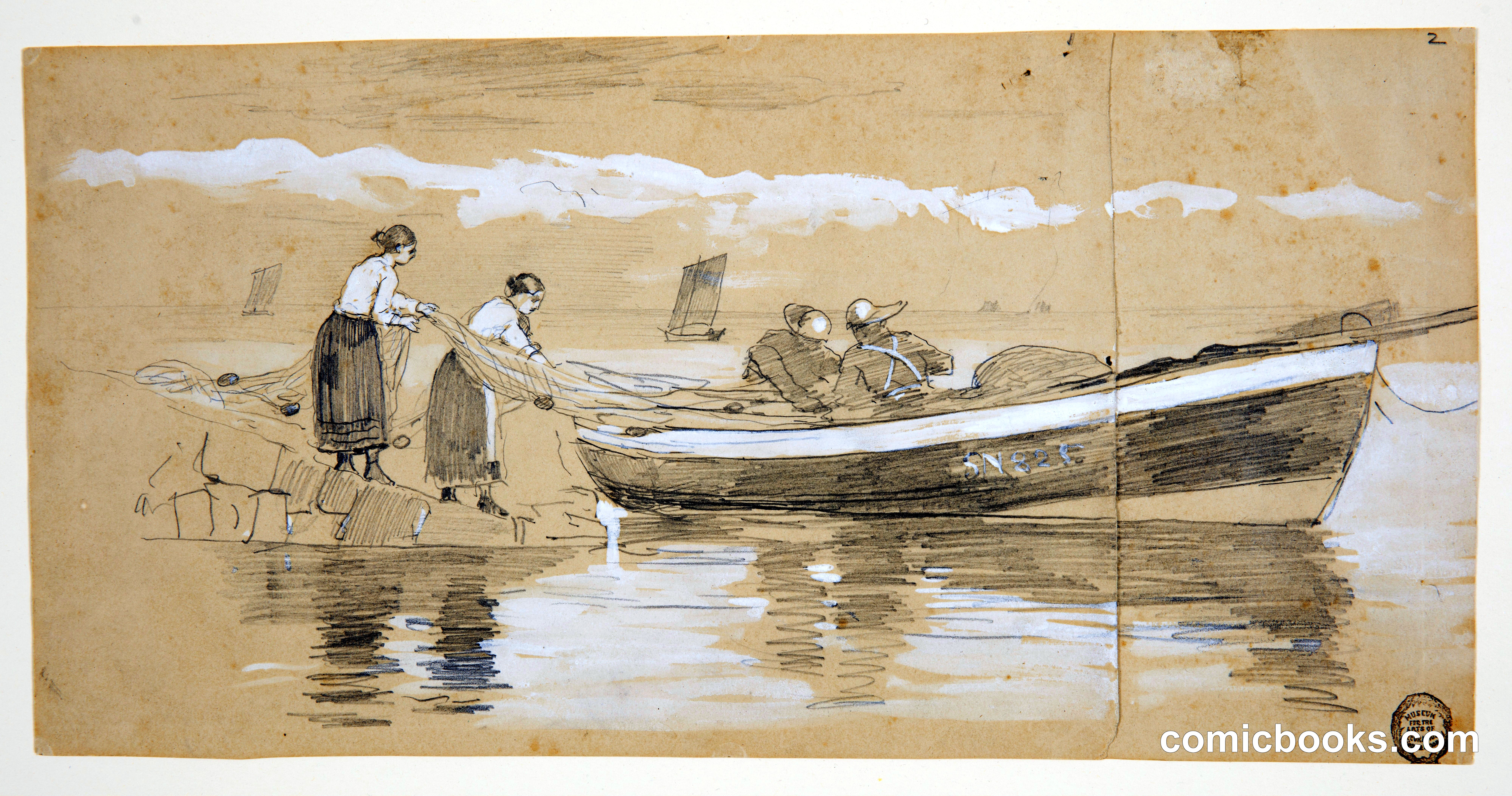Fisherman and Women Stowing Nets in a Beached Dory, Cullercoats, England