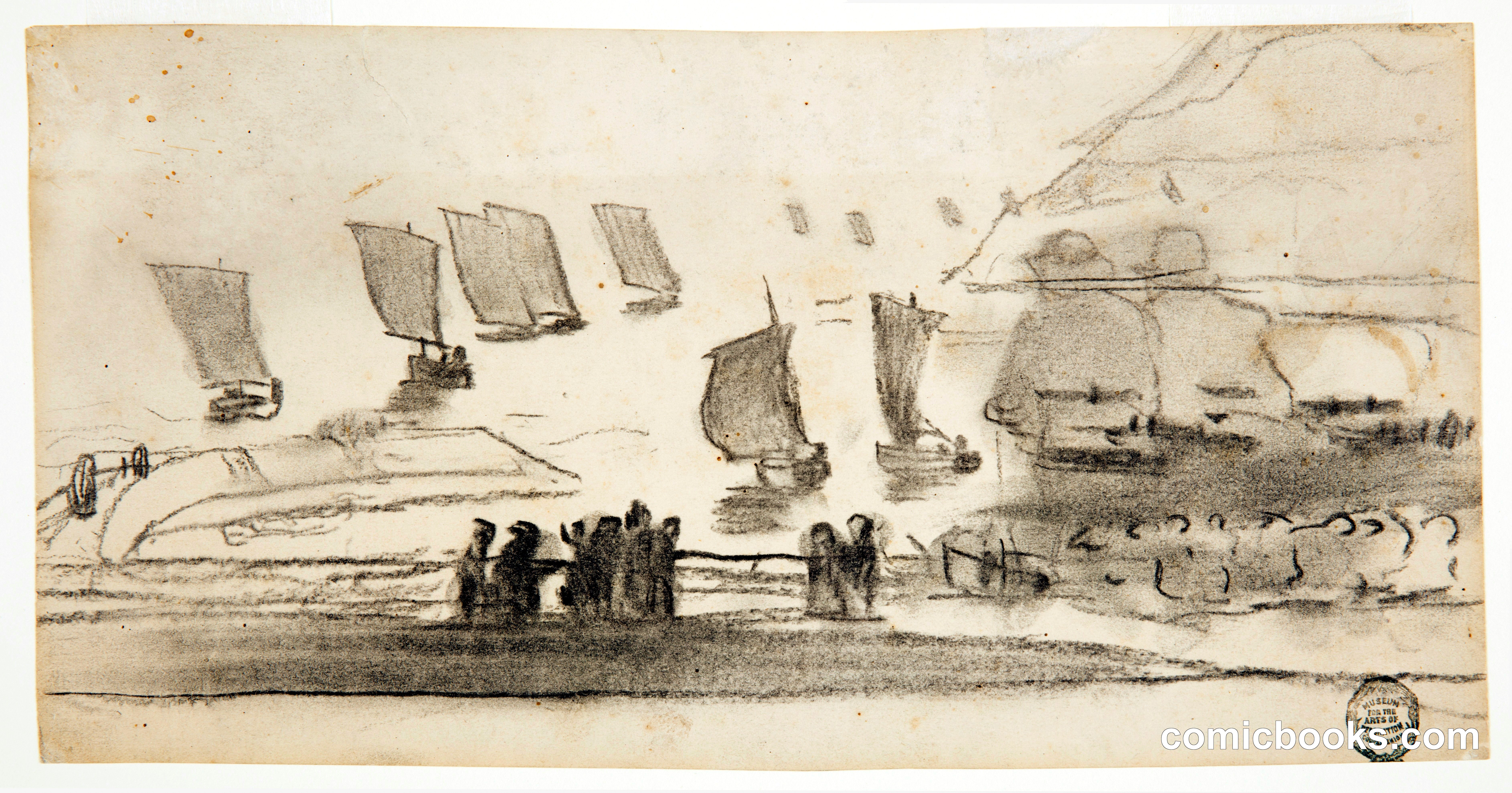 Beach Scene with People and Fishing Boats, Cullercoats, England
