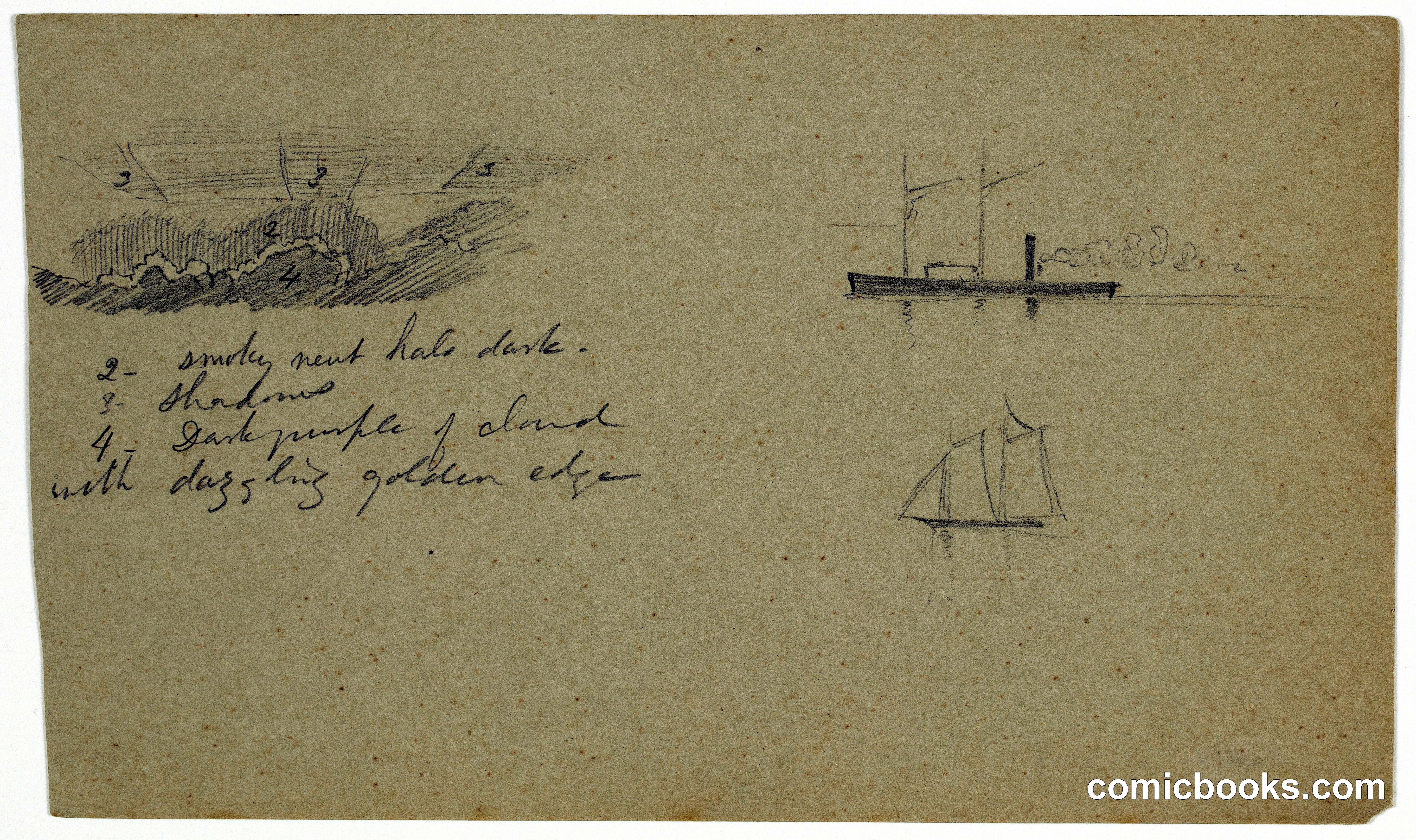 Sketches of a Backlit Cloud, Steamship, and Sailboat