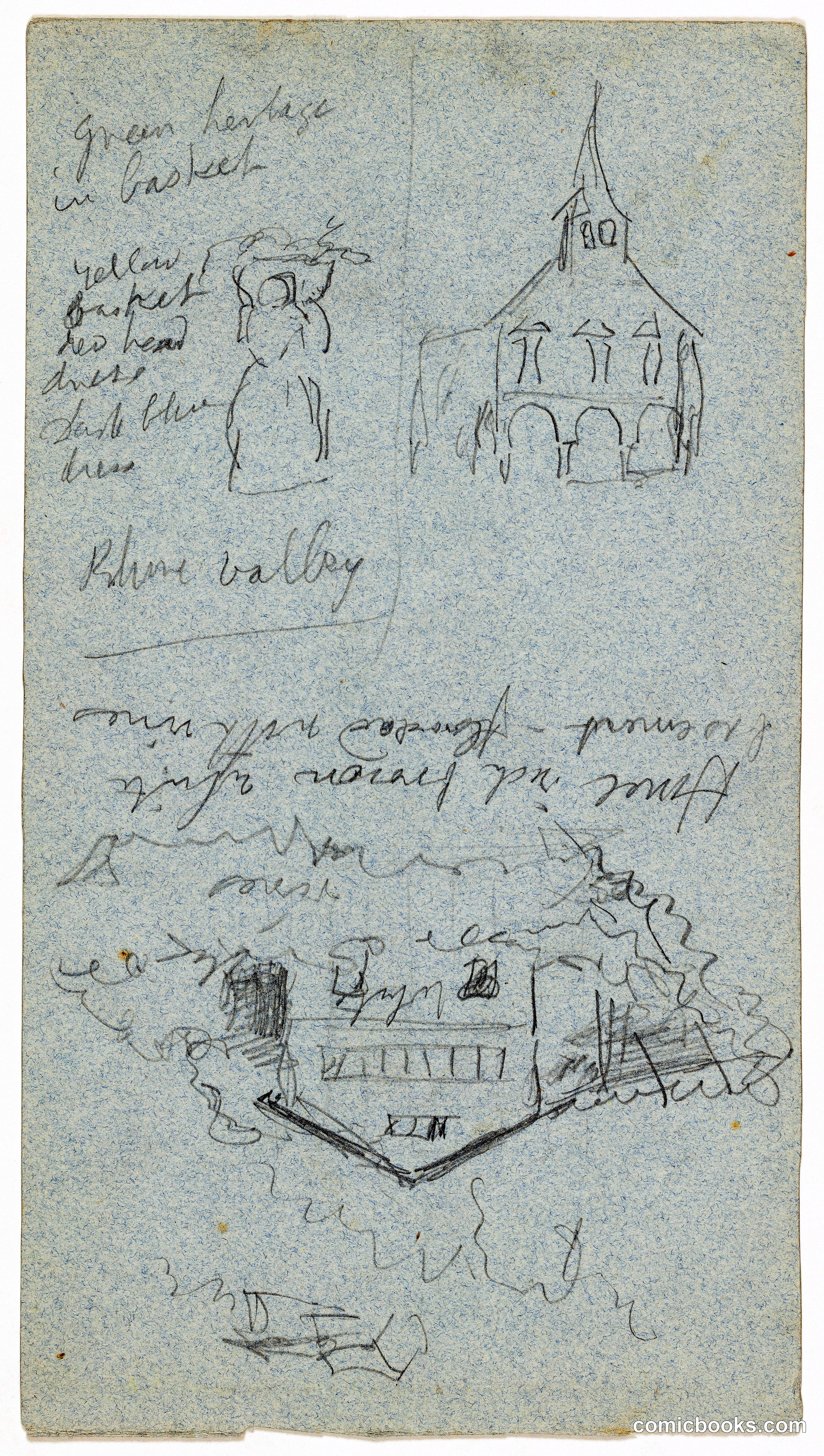 Architecture Sketches and Woman Carrying Basket, Switzerland