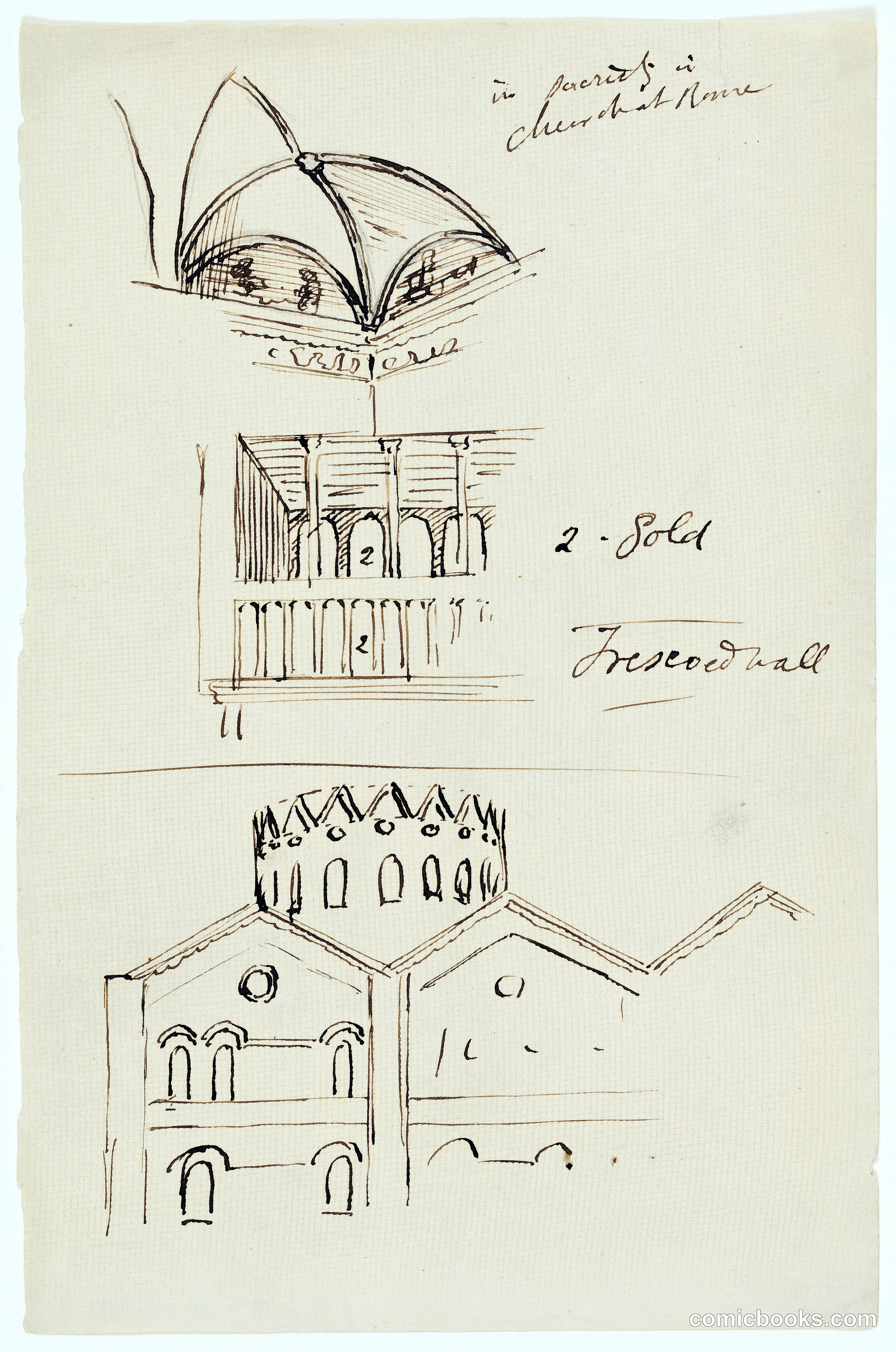 Sketches of the Interior and Exterior of a Church, Rome, Italy