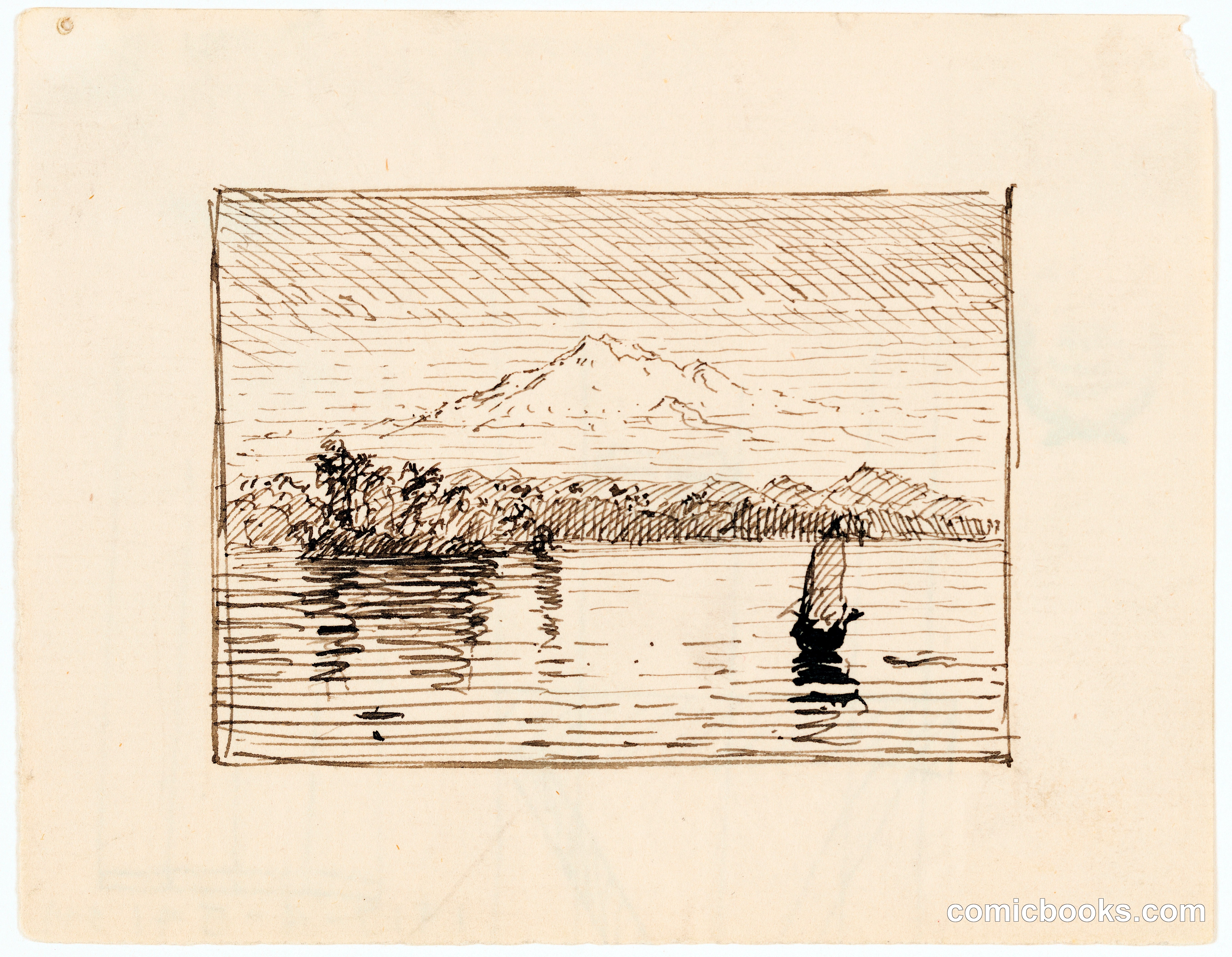 Imaginary Lake Landscape with a Distant Mountain
