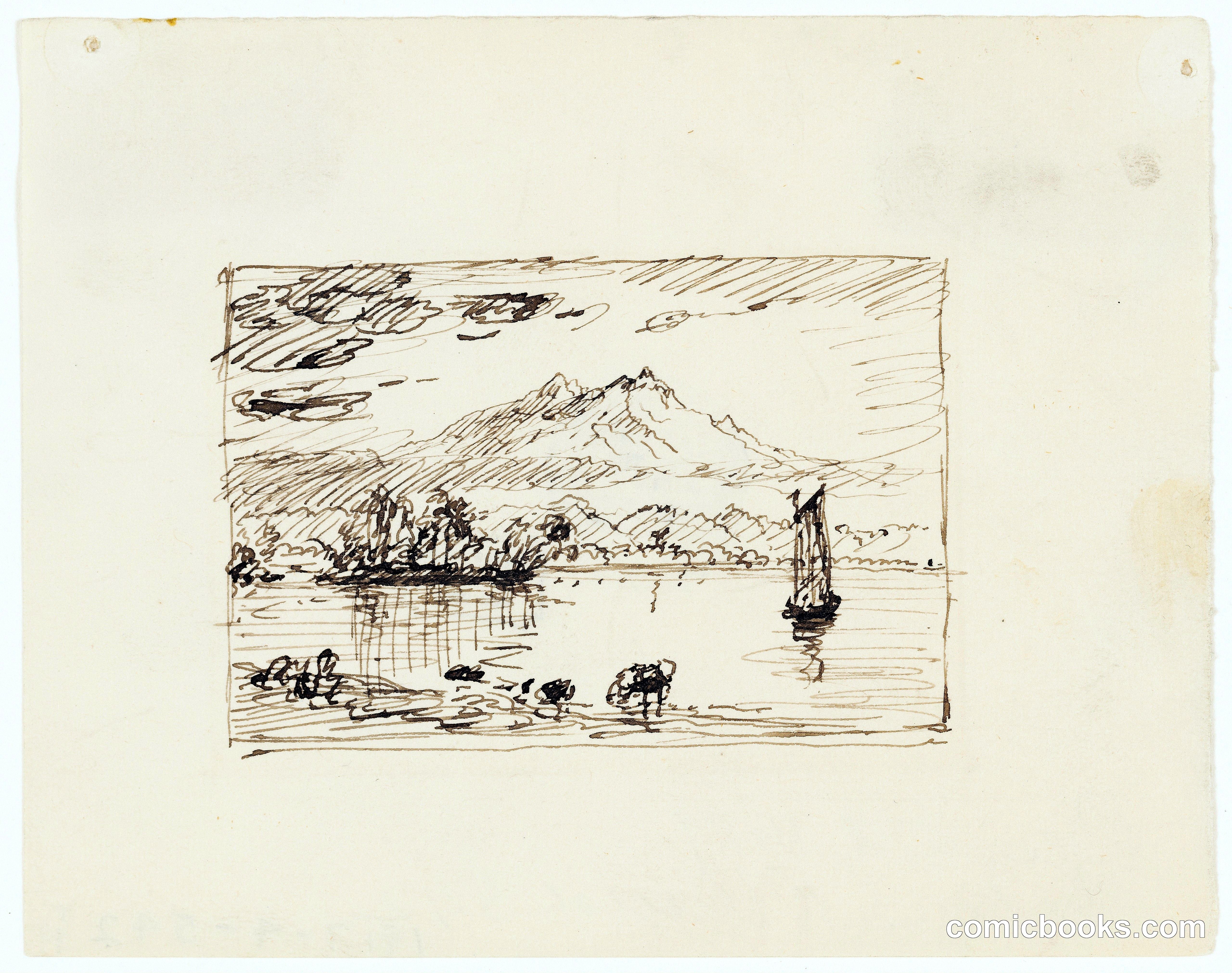 Imaginary Lake Landscape with a Distant Mountain