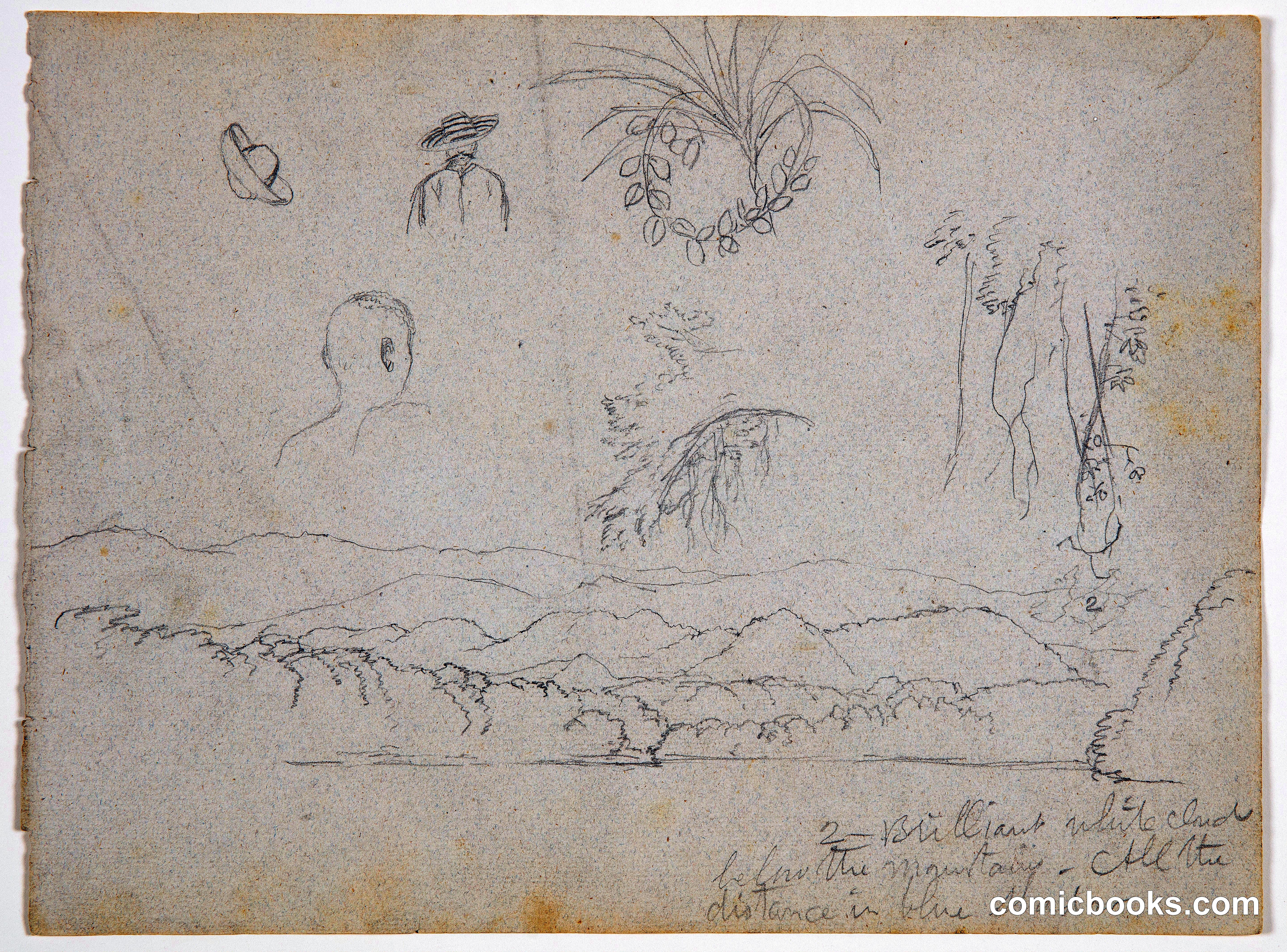 River Bank with Mountains and Clouds, Three Plants, and Men with Hats, Colombia