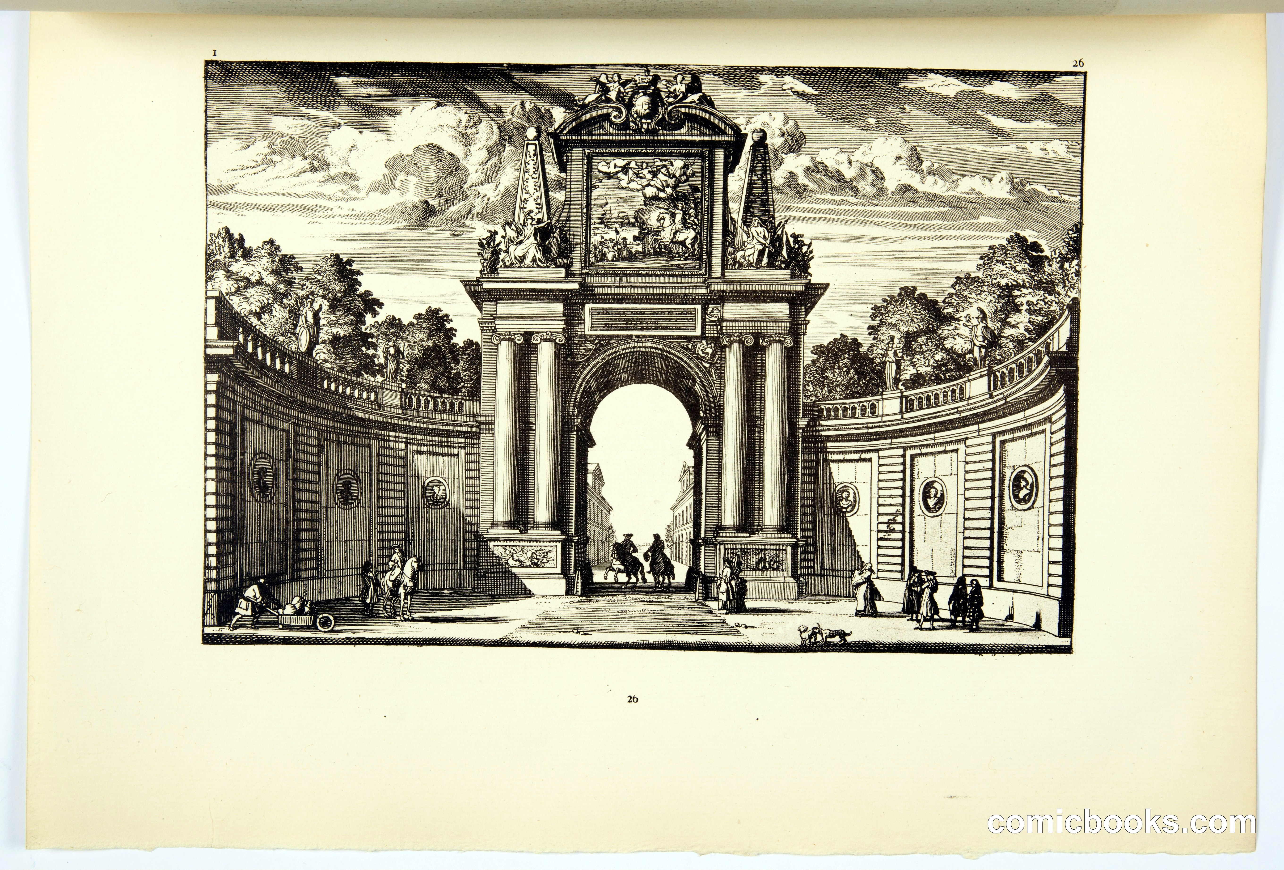 Architectural Engraving: Garden Pavilion with Monumental Gateway