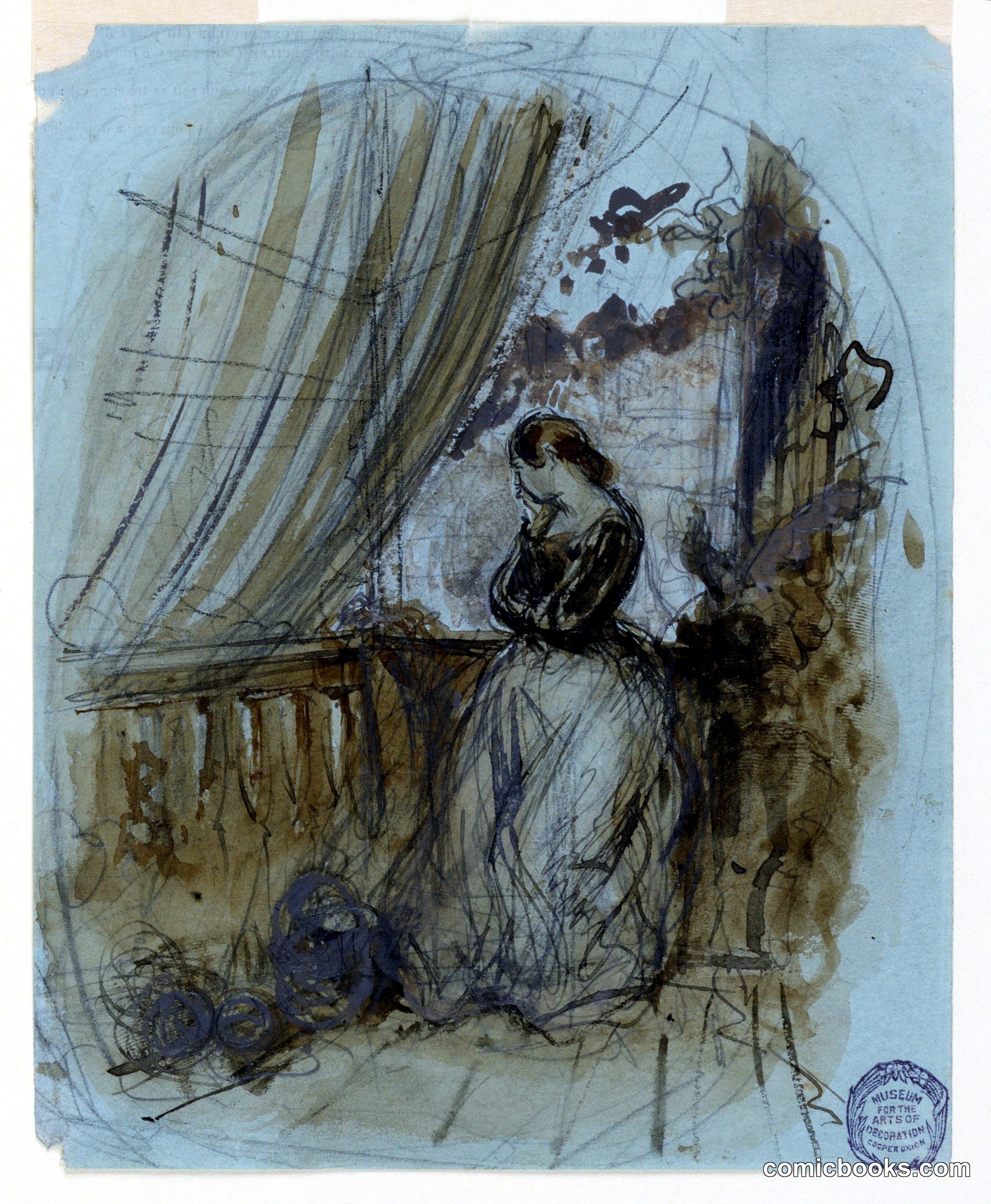Design for a Lithograph, A Young Woman Standing on a Terrace