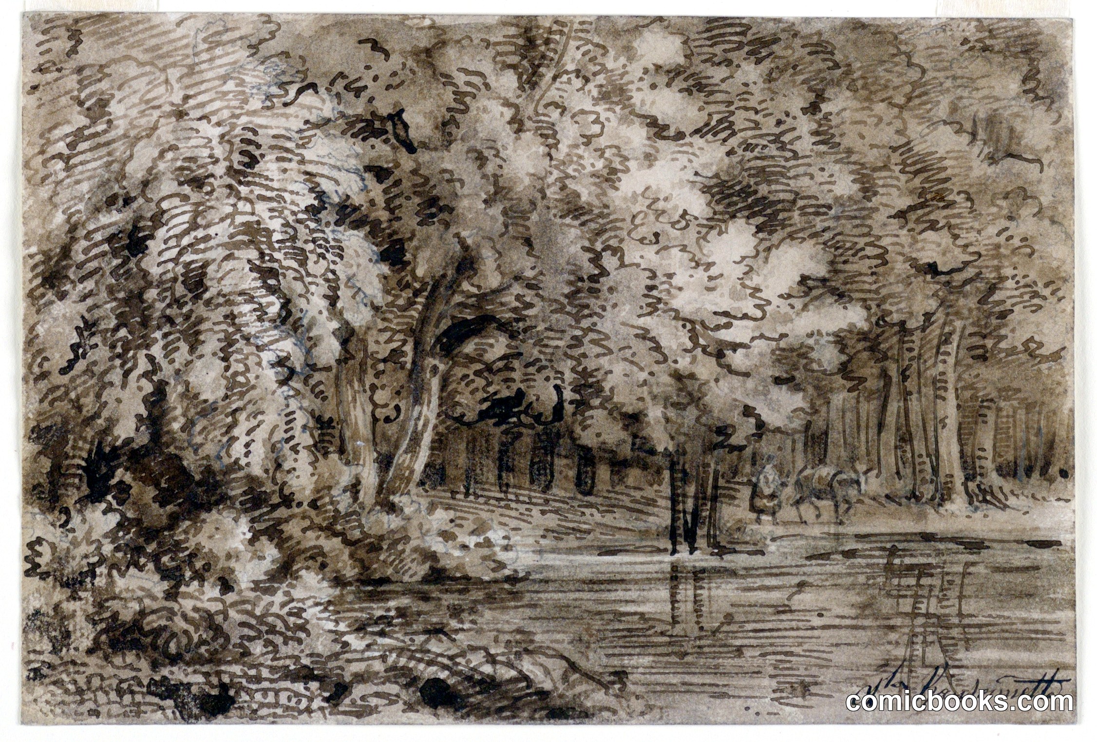 Woodland Scene with Animals Drinking