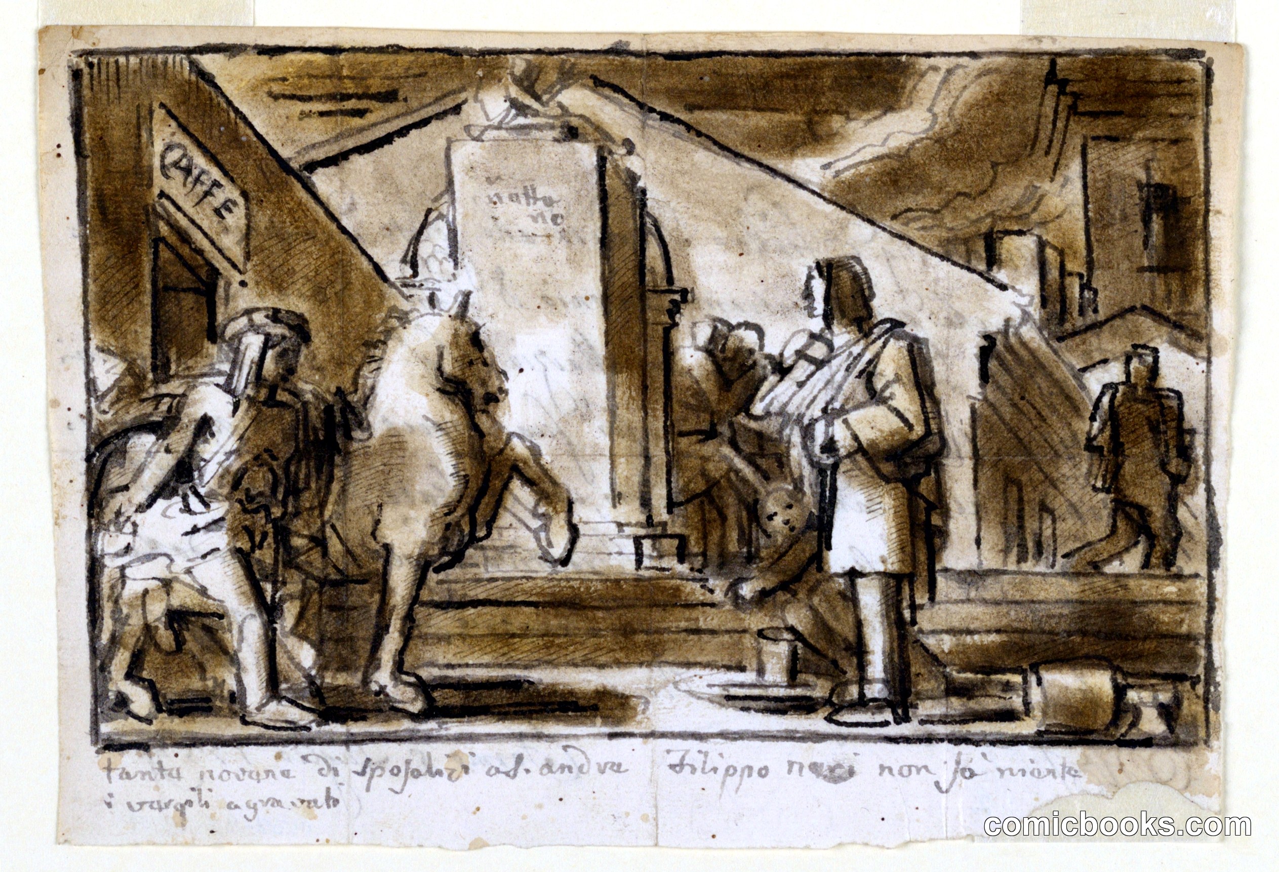 Urban Scene with Figures, Horse, and Monument