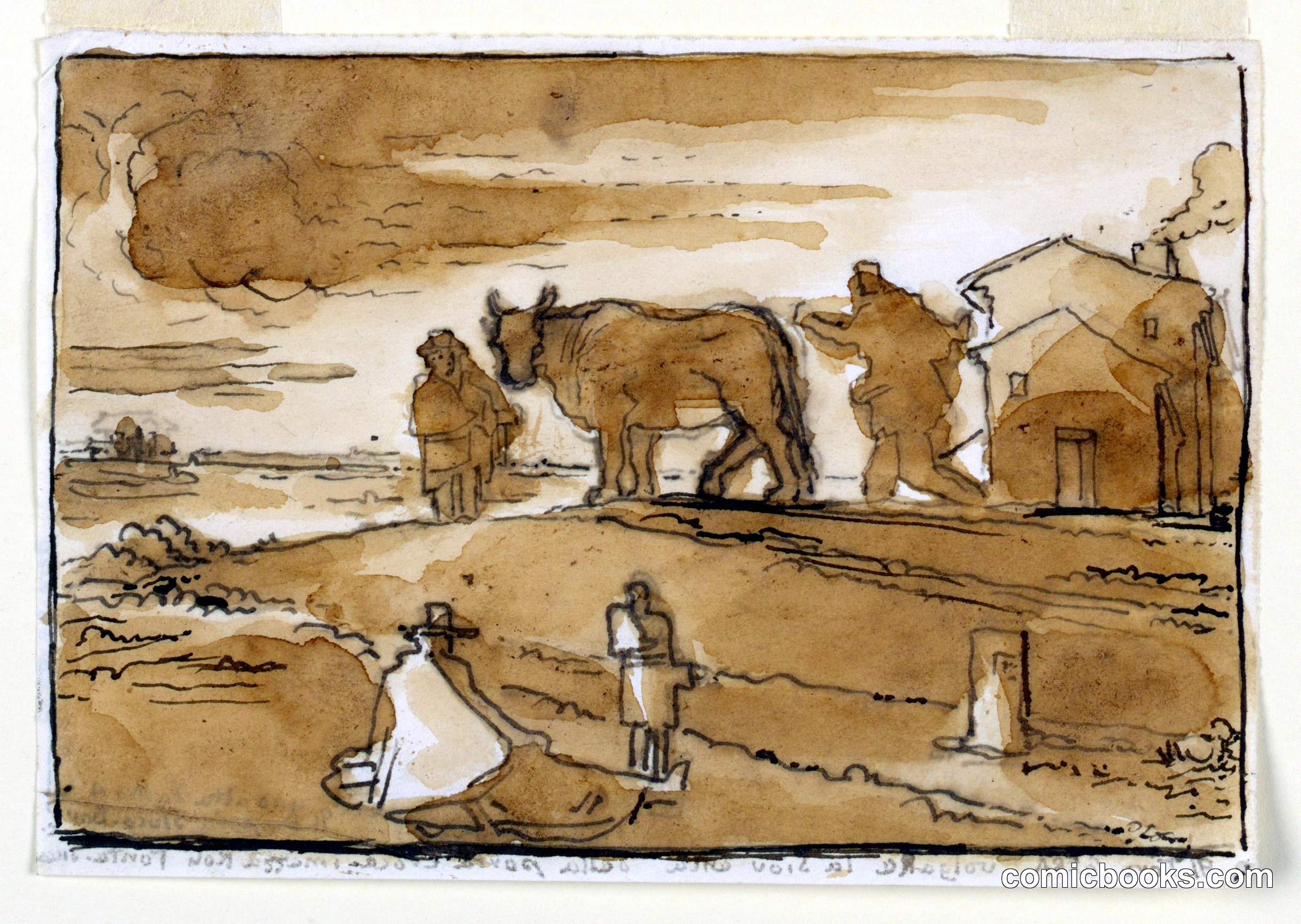 Rural Scene with Cow, Figures, and House