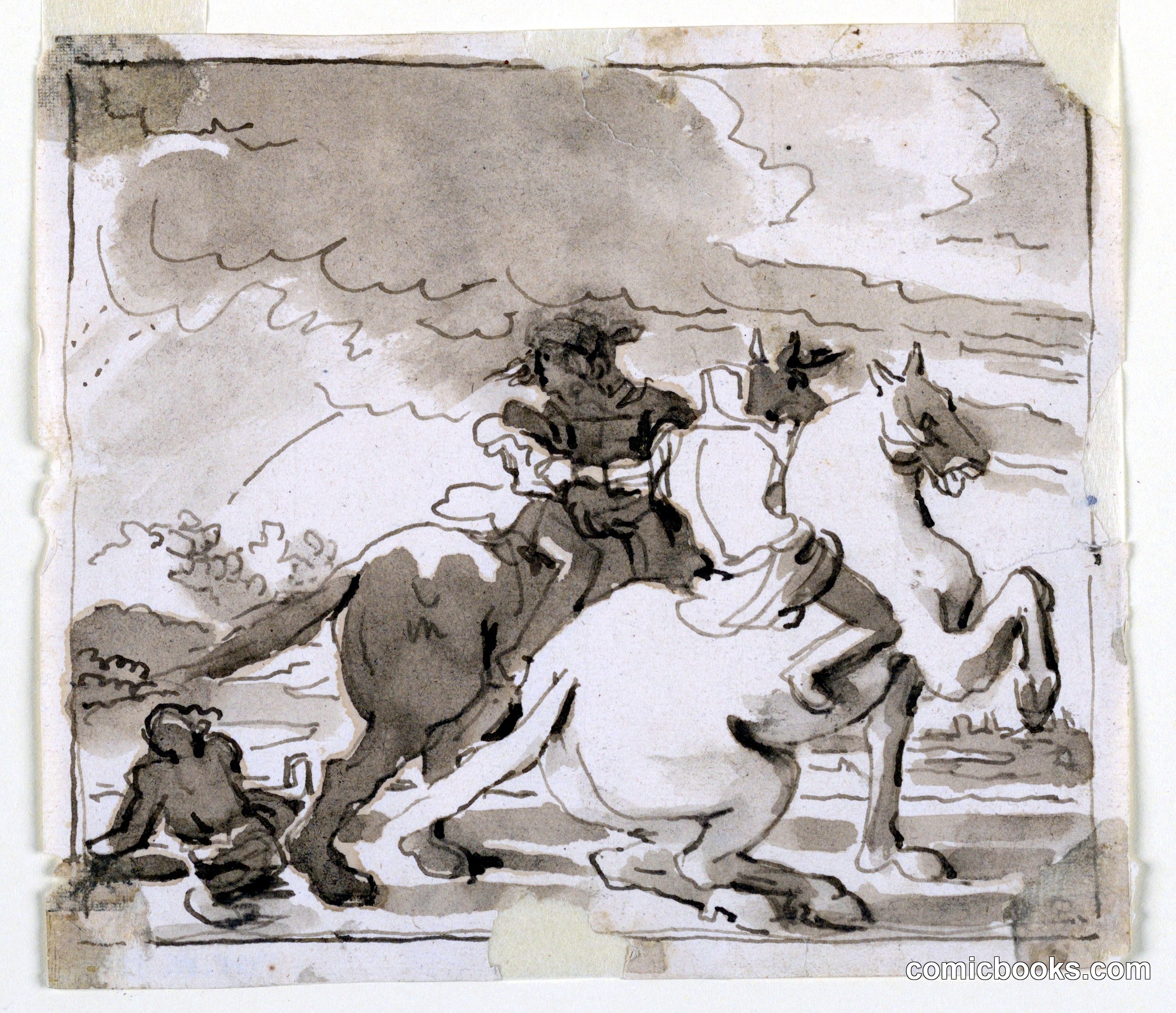 Two Equestrian Figures with Figure on Ground