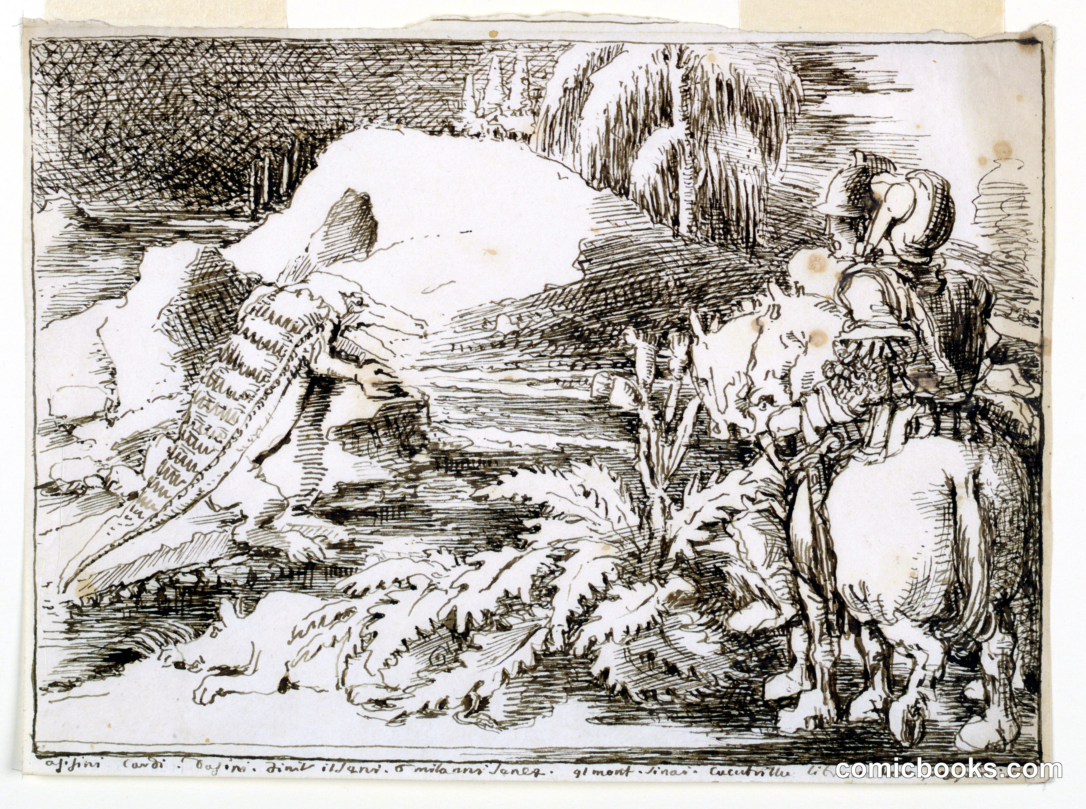 Two Knights in Armor Confronting a Crocodile and a Boar