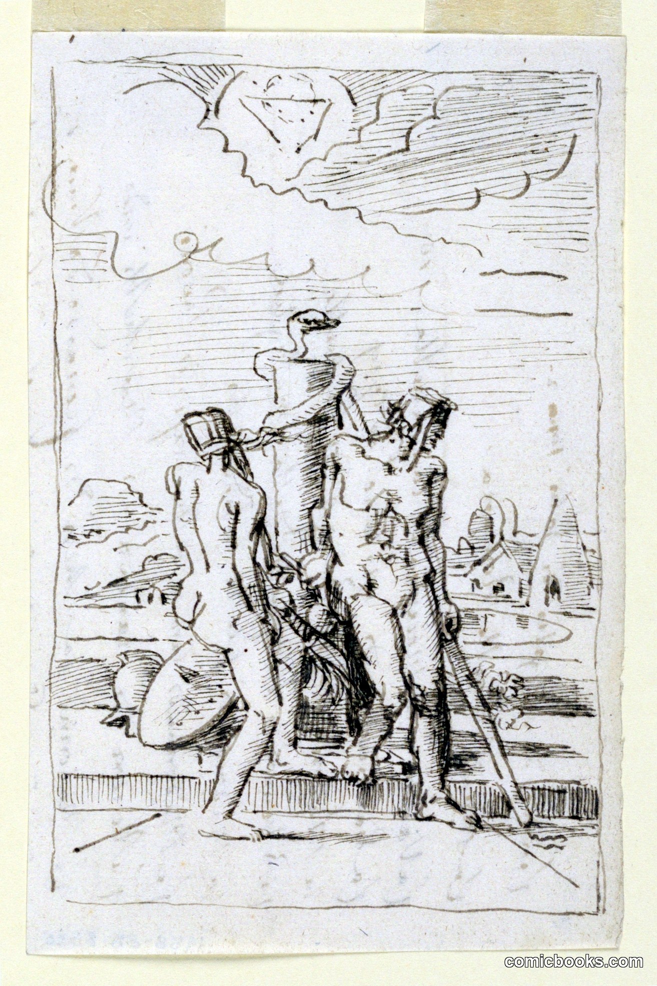 Classical Figures with Snake on Monument