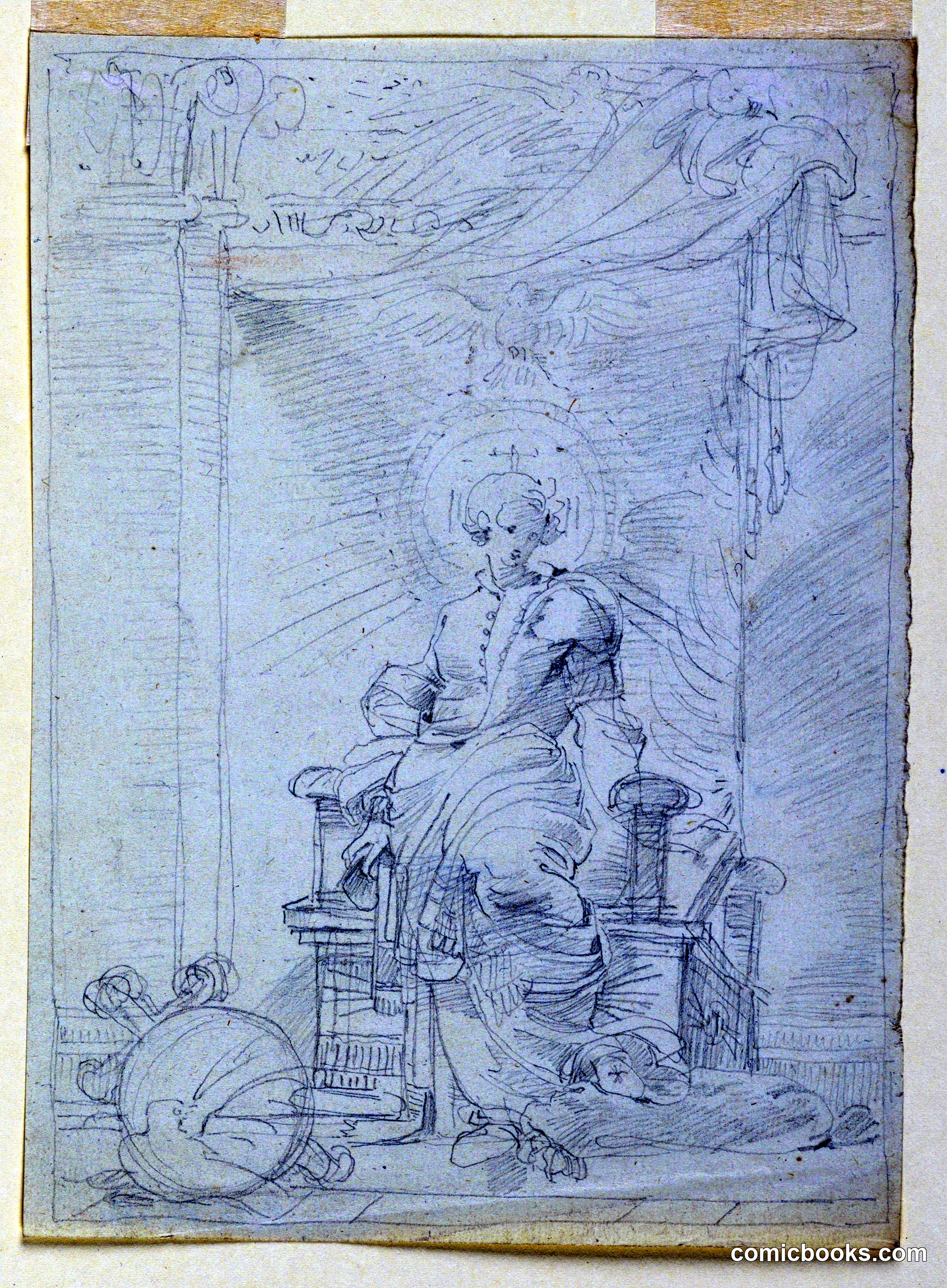Sketch: Figure in Classical Throne with Attributes of Christianity or War