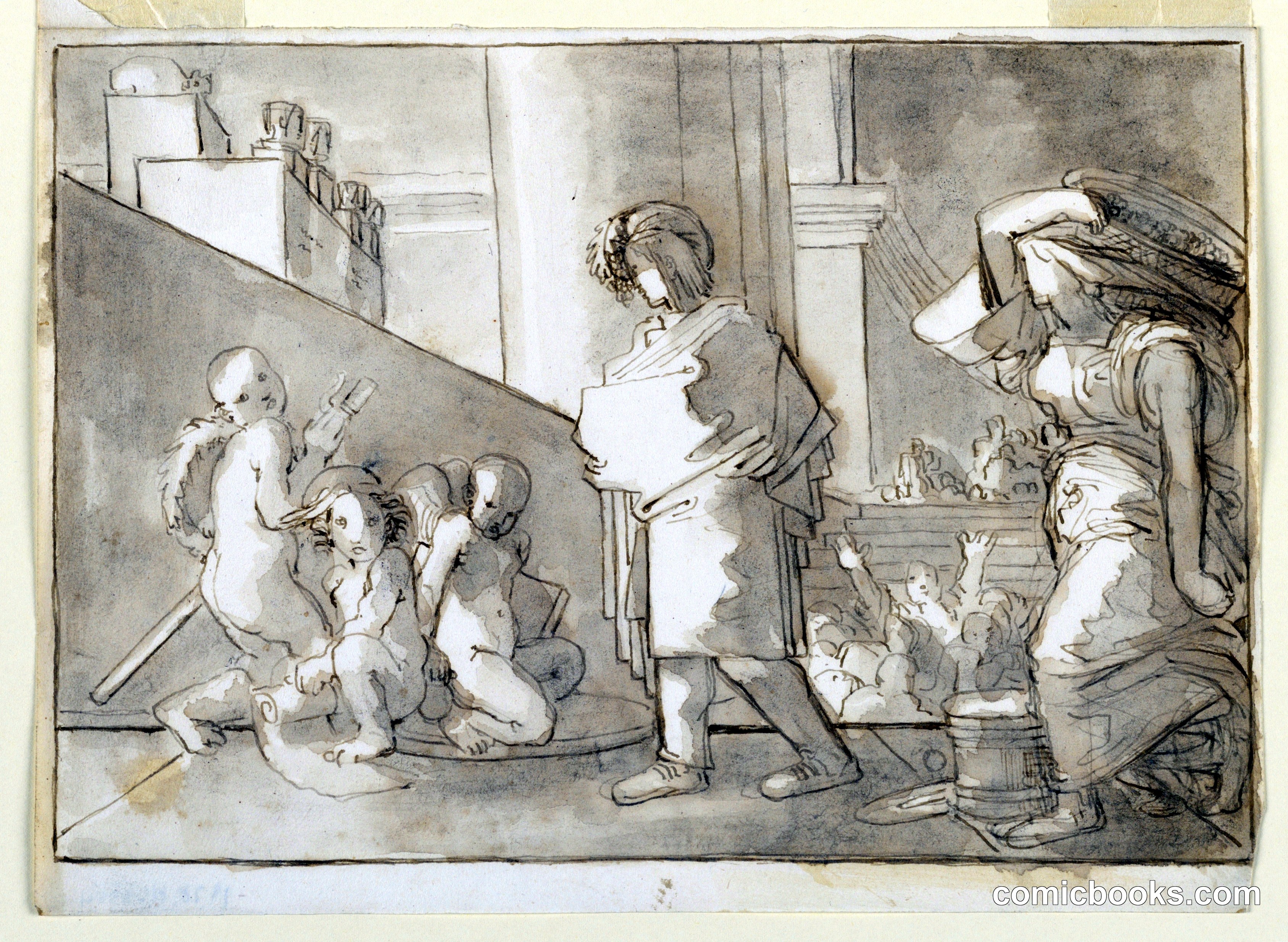 Urban Scene with Draped Figure, Putti, and Woman Carrying Basket