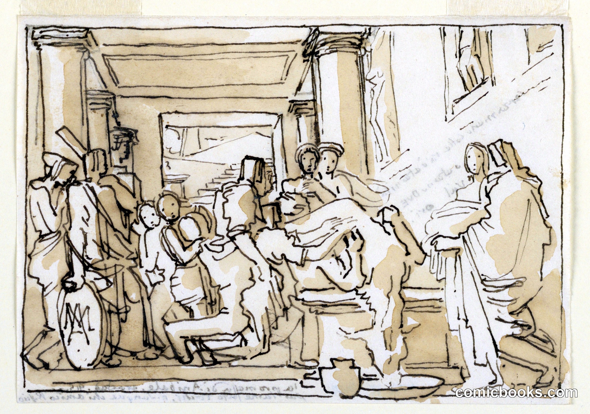 Sketch: Funereal or Deathbed Scene in Classical Interior
