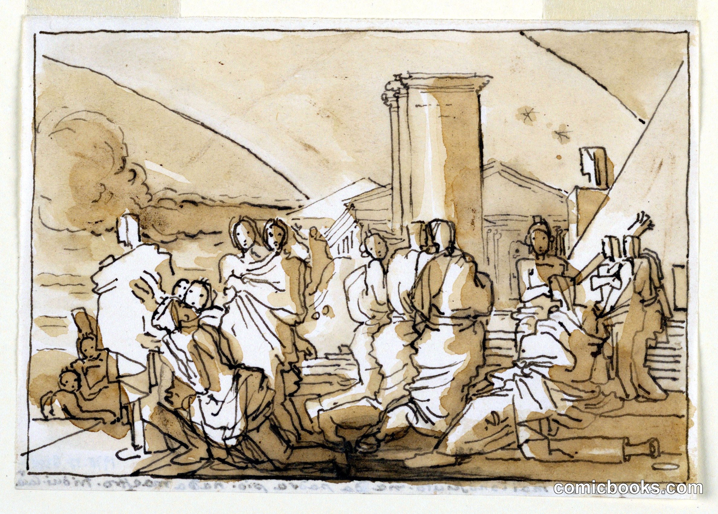 Sketch: Exterior Scene with Draped Figures and Classical Architecture