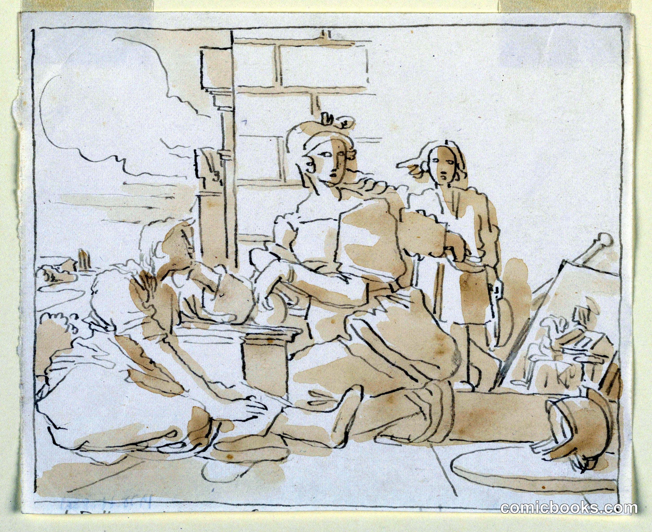 Sketch: Three Figures in Architectural Setting with Helmet and Shield