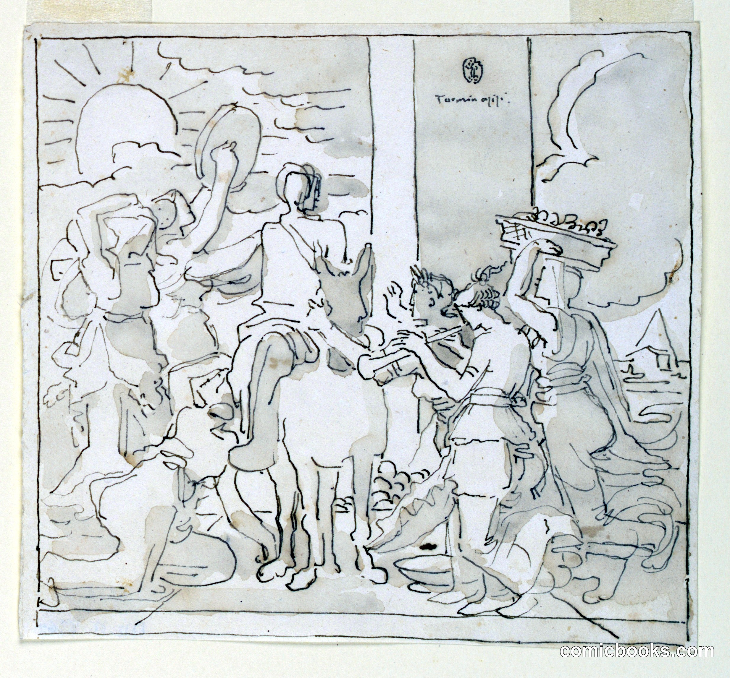 Sketch: Figure on Donkey Heralded by Musicians and Worshippers