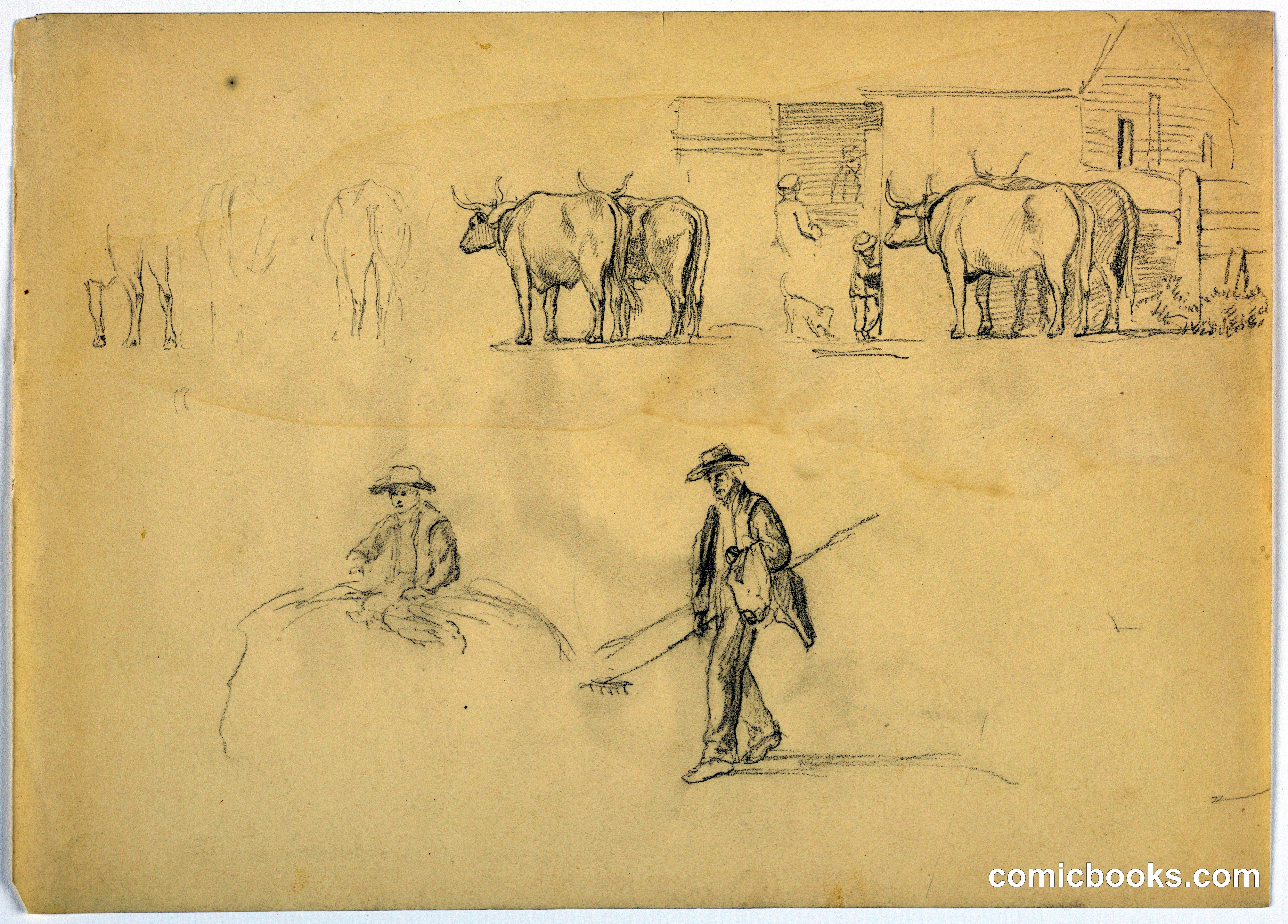 Sketches in Barnyard, Oxen and Farmer with Rake