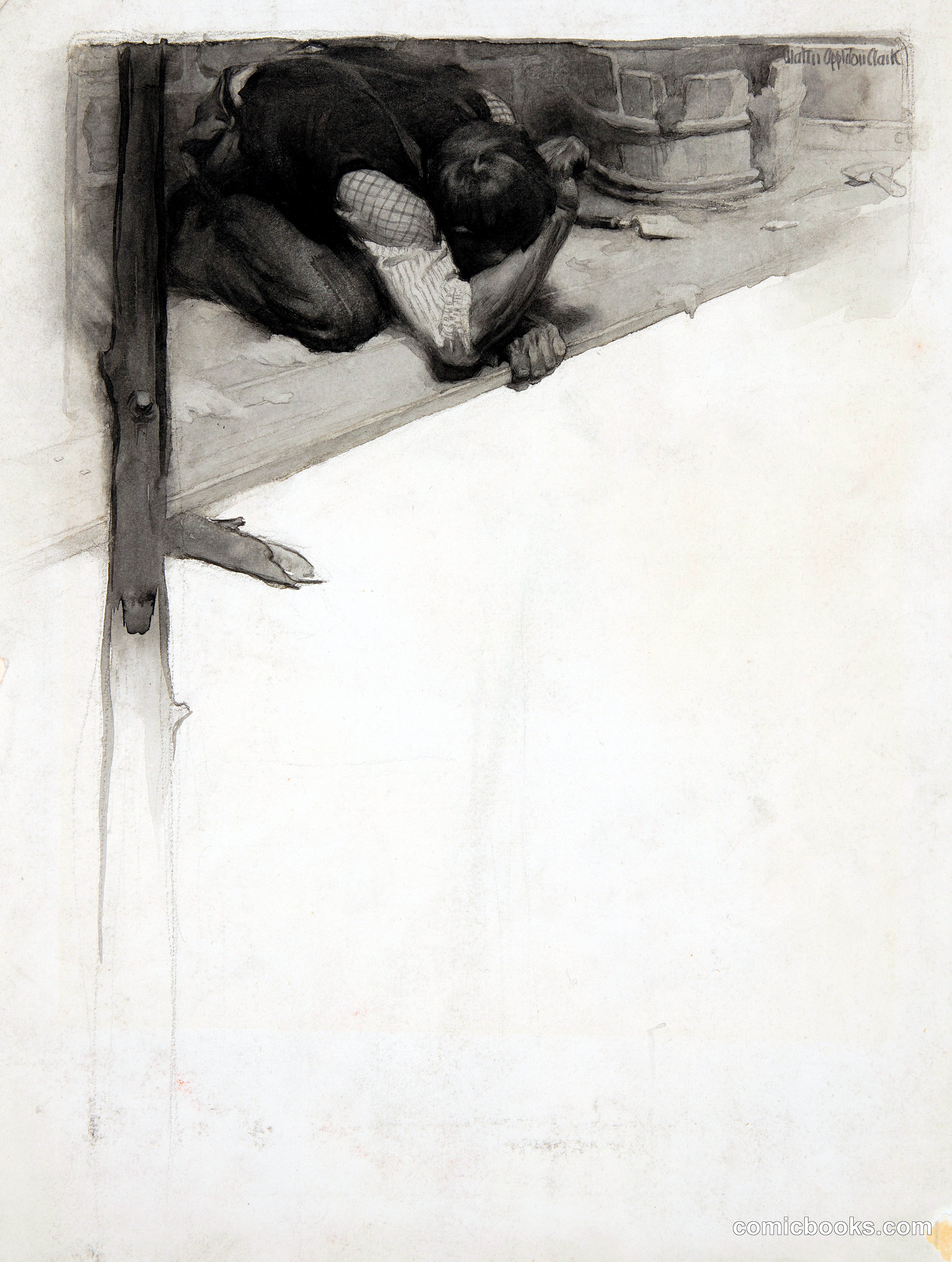 Vignette: Man Crouching on a Scaffolding