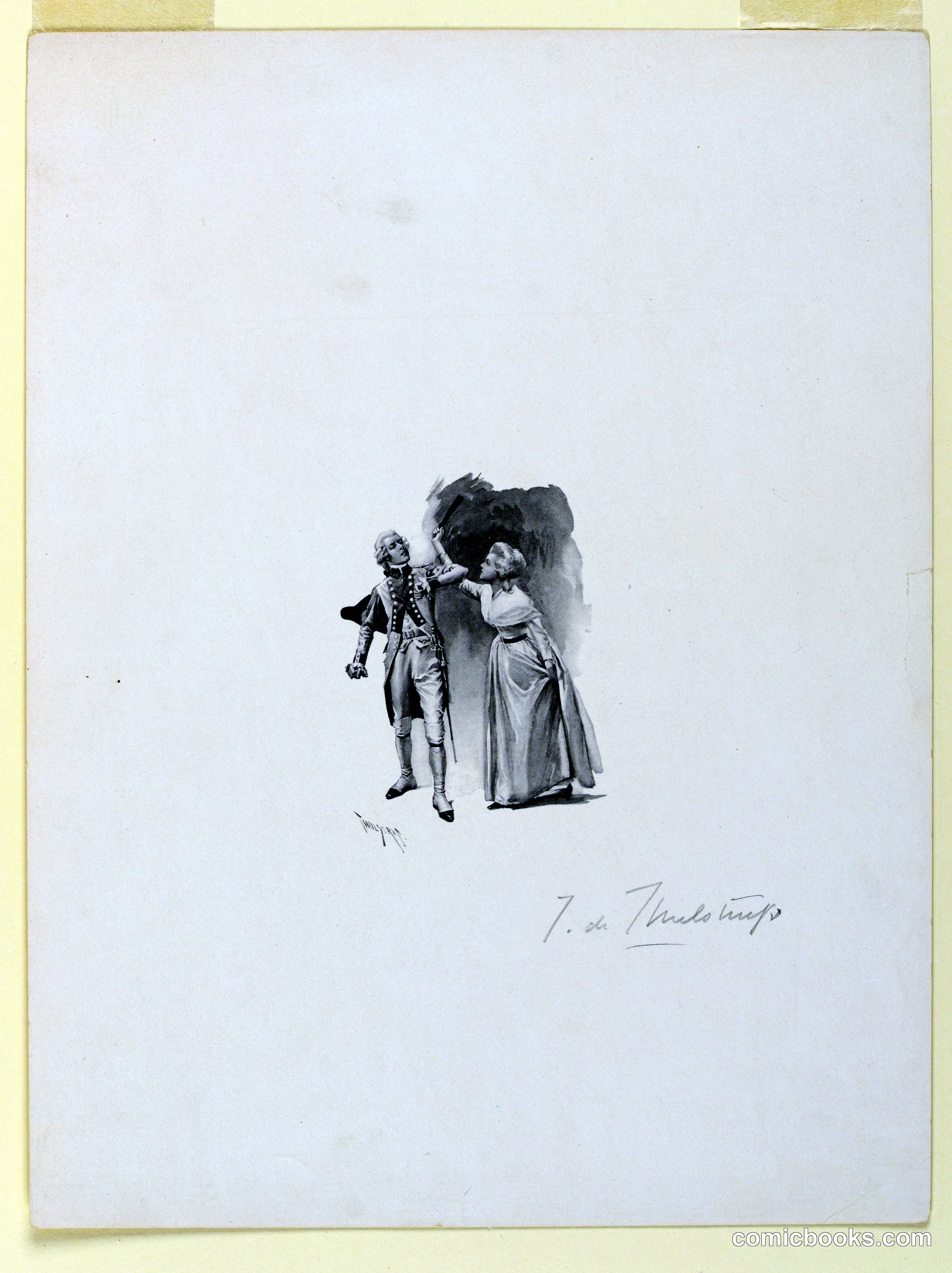 Lady in Colonial Dress Striking a Gentleman with Her Fan