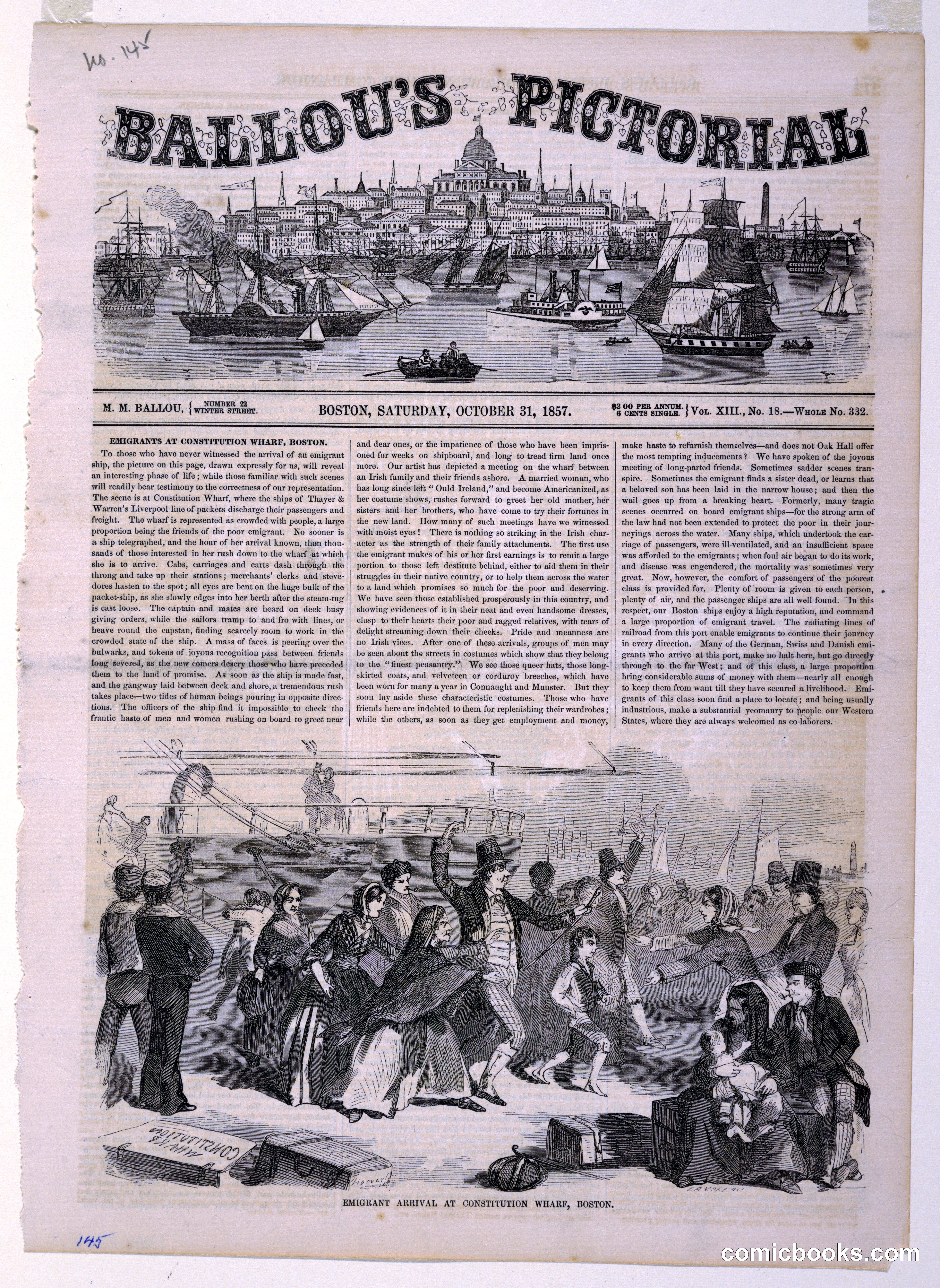 Ballou's Pictorial: Emigrant Arrival at Constitution Wharf, Boston