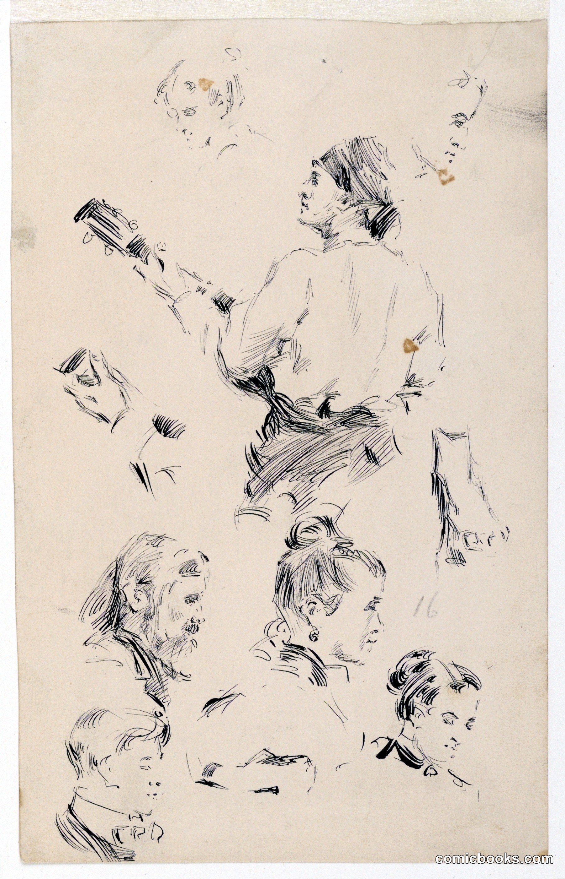 Sketches of Heads, a Hand, a Foot, and a Musician