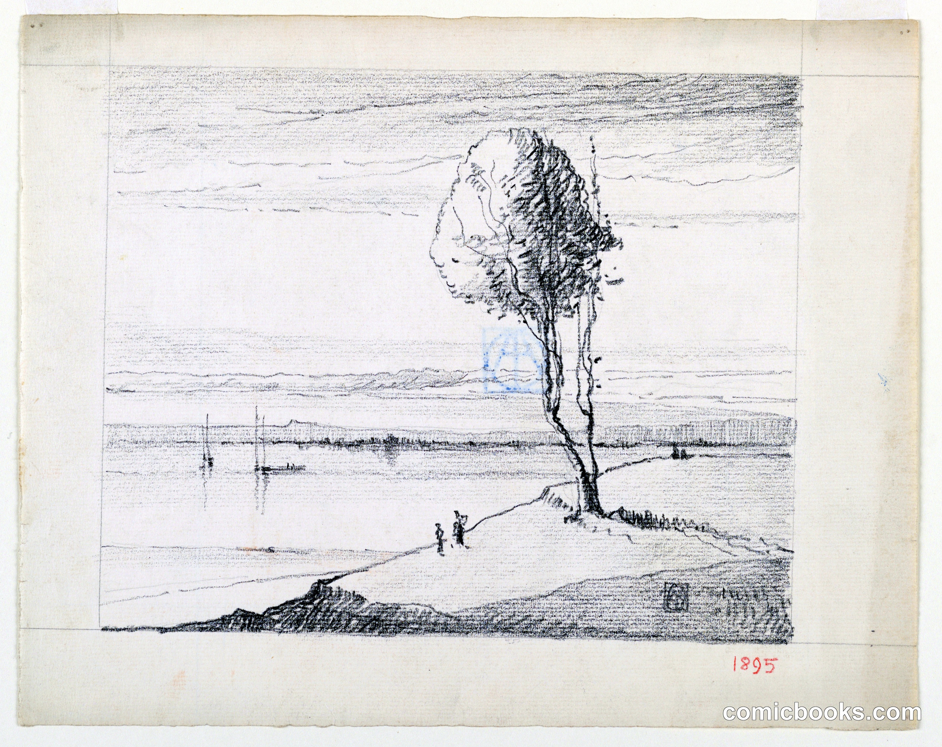 Hillside and Tree with Sailboats in Distance