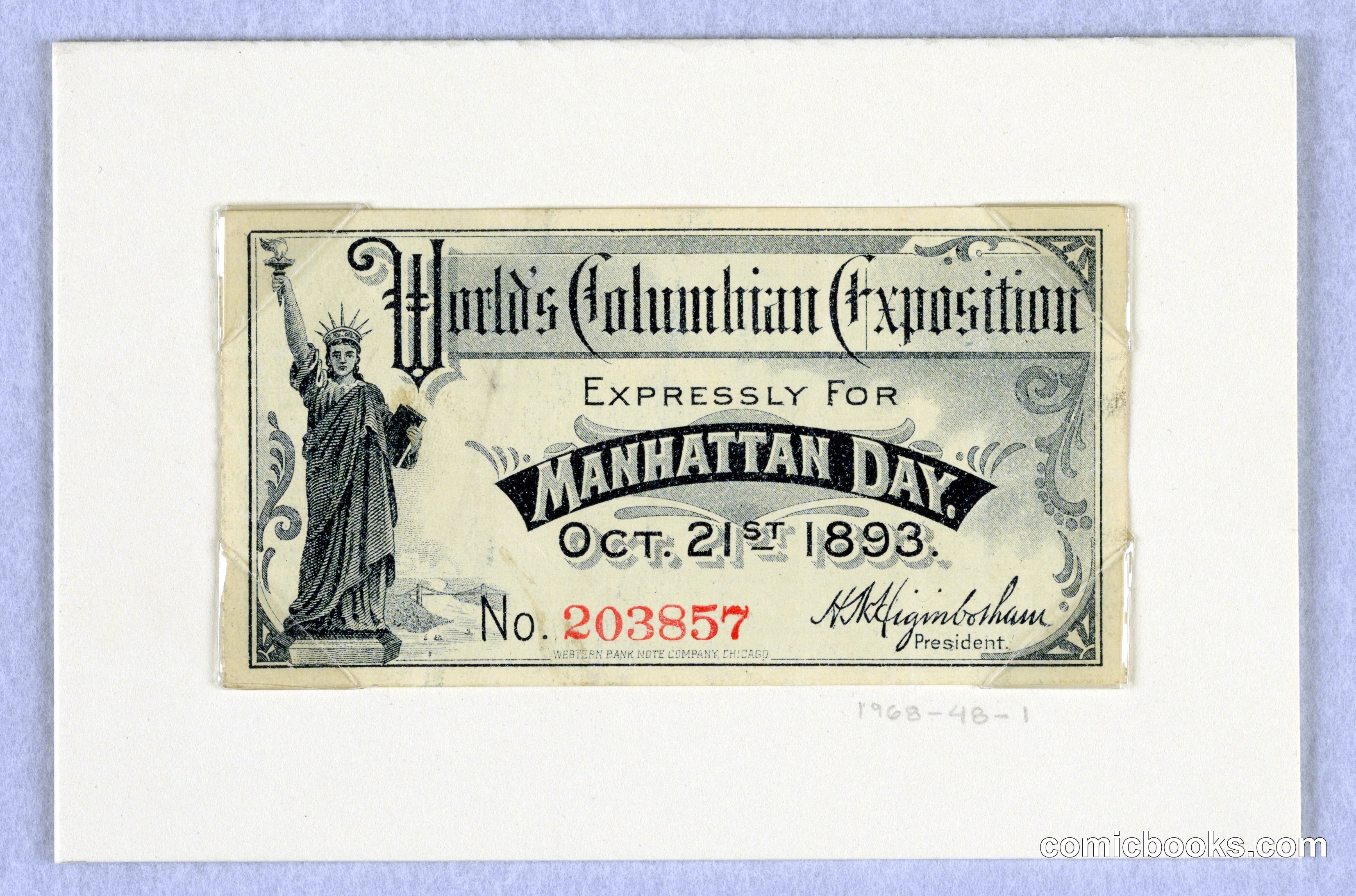 World's Columbian Exposition Ticket for Manhattan Day
