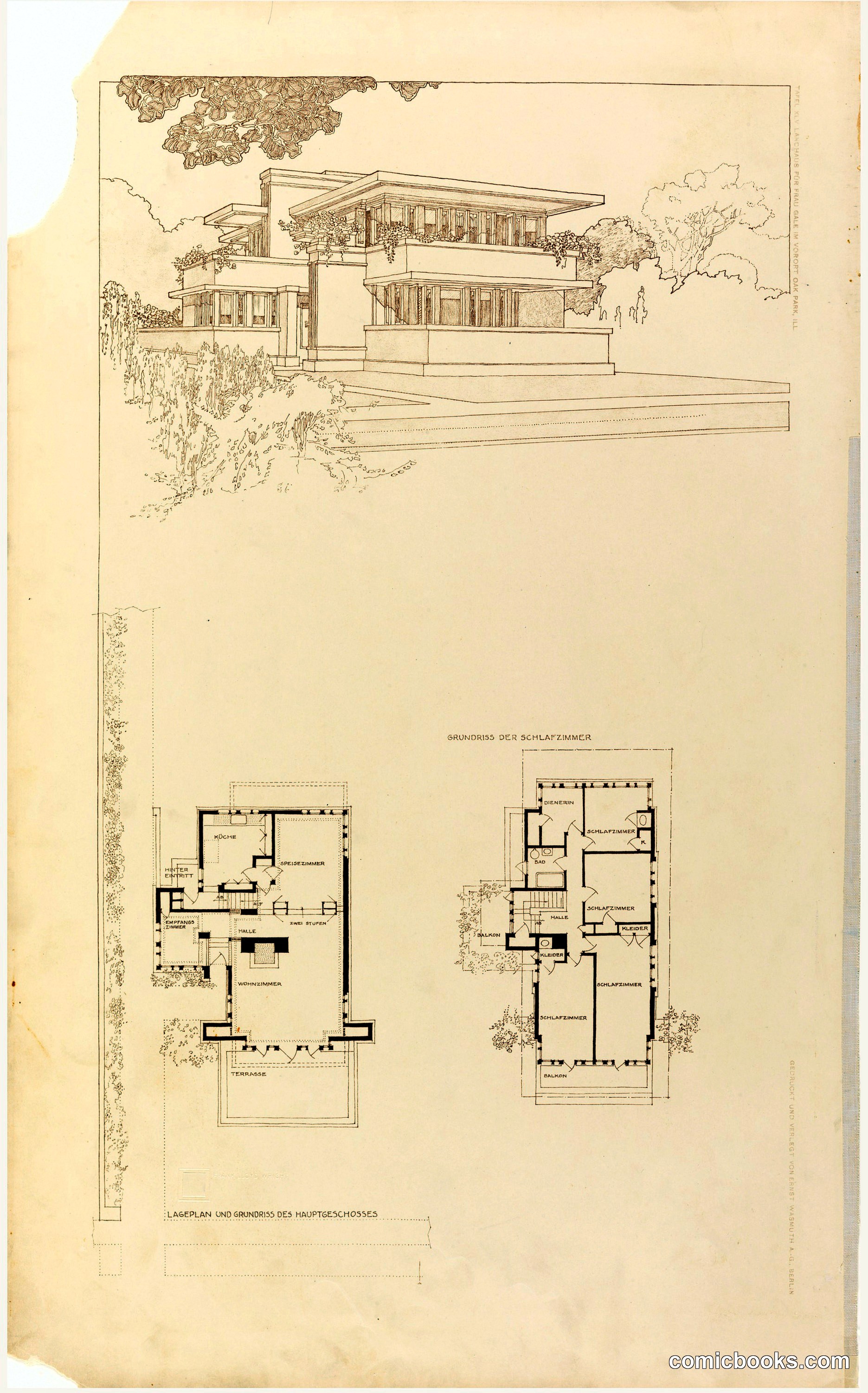 Perspective and Plan for Gale House, Oak Park, IL